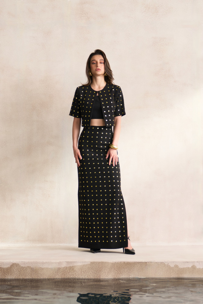Image of LEILA 03 BLACK CROP JACKET BUSTIER AND LONG SKIRT SET WITH GOLD SEQUIN ALL OVER