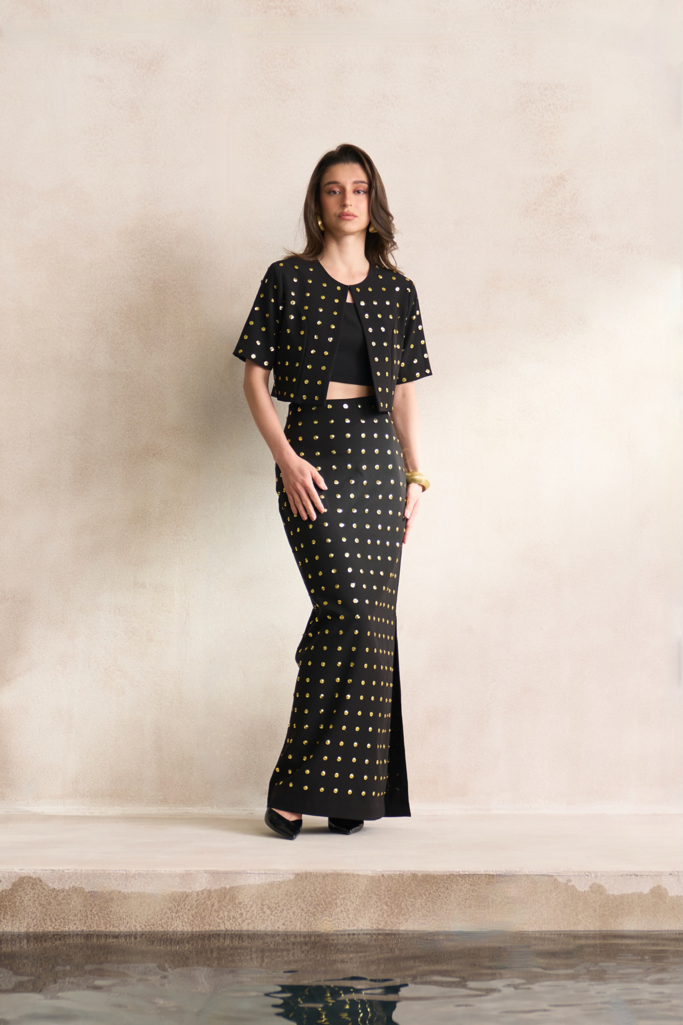 LEILA 03 BLACK CROP JACKET BUSTIER AND LONG SKIRT SET WITH GOLD SEQUIN ALL OVER