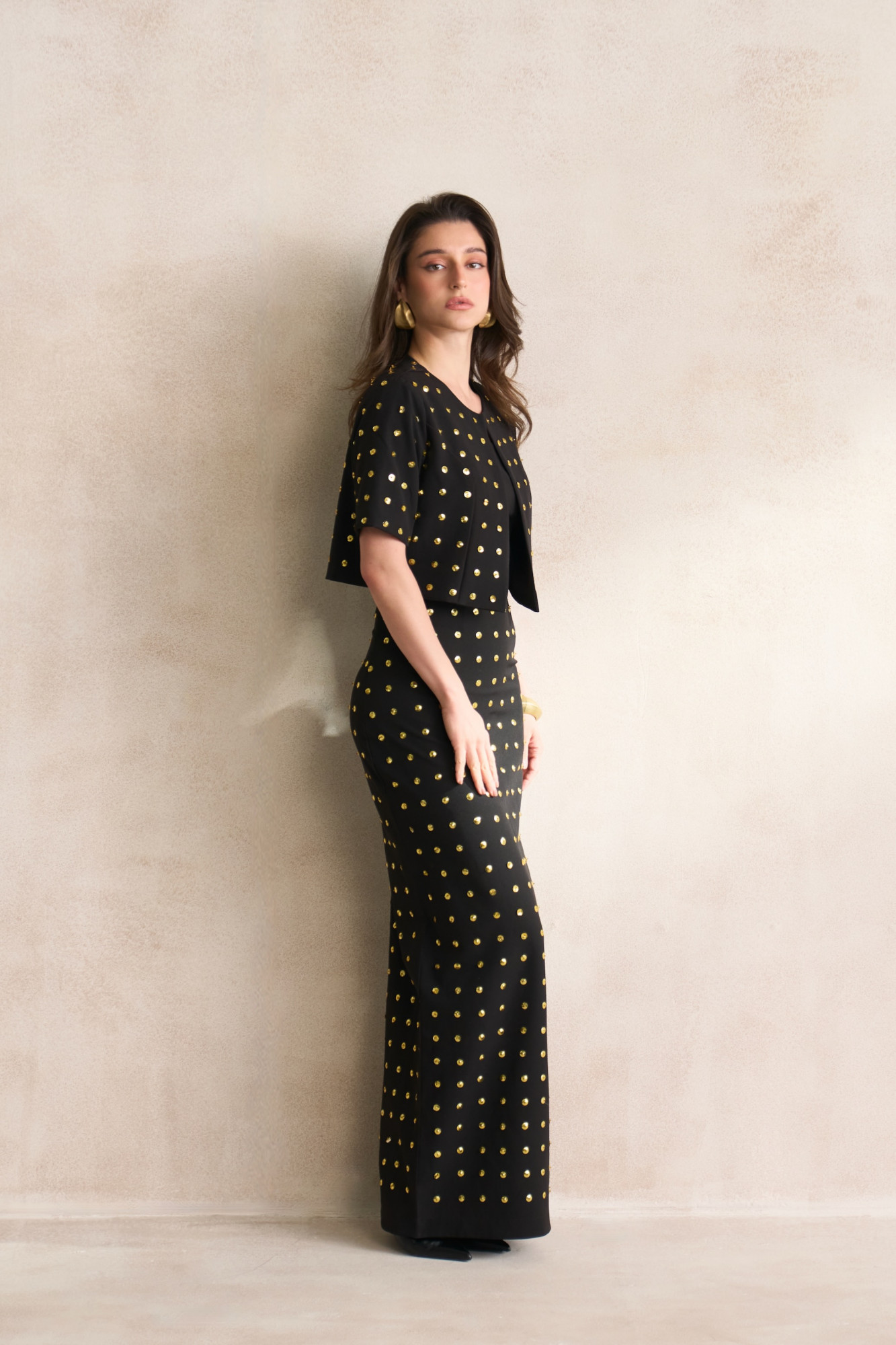 LEILA 03 BLACK CROP JACKET BUSTIER AND LONG SKIRT SET WITH GOLD SEQUIN ALL OVER