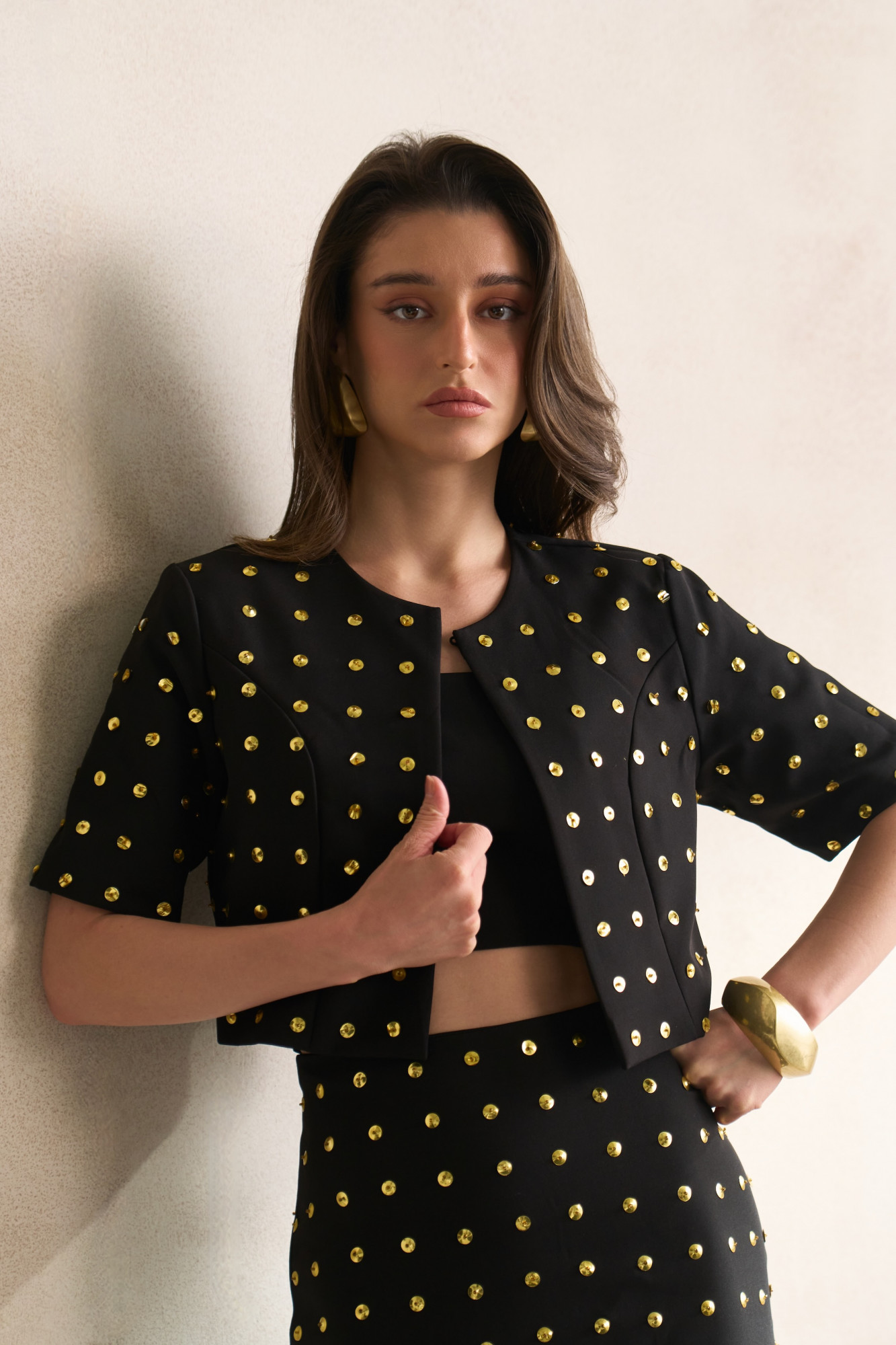 LEILA 03 BLACK CROP JACKET BUSTIER AND LONG SKIRT SET WITH GOLD SEQUIN ALL OVER