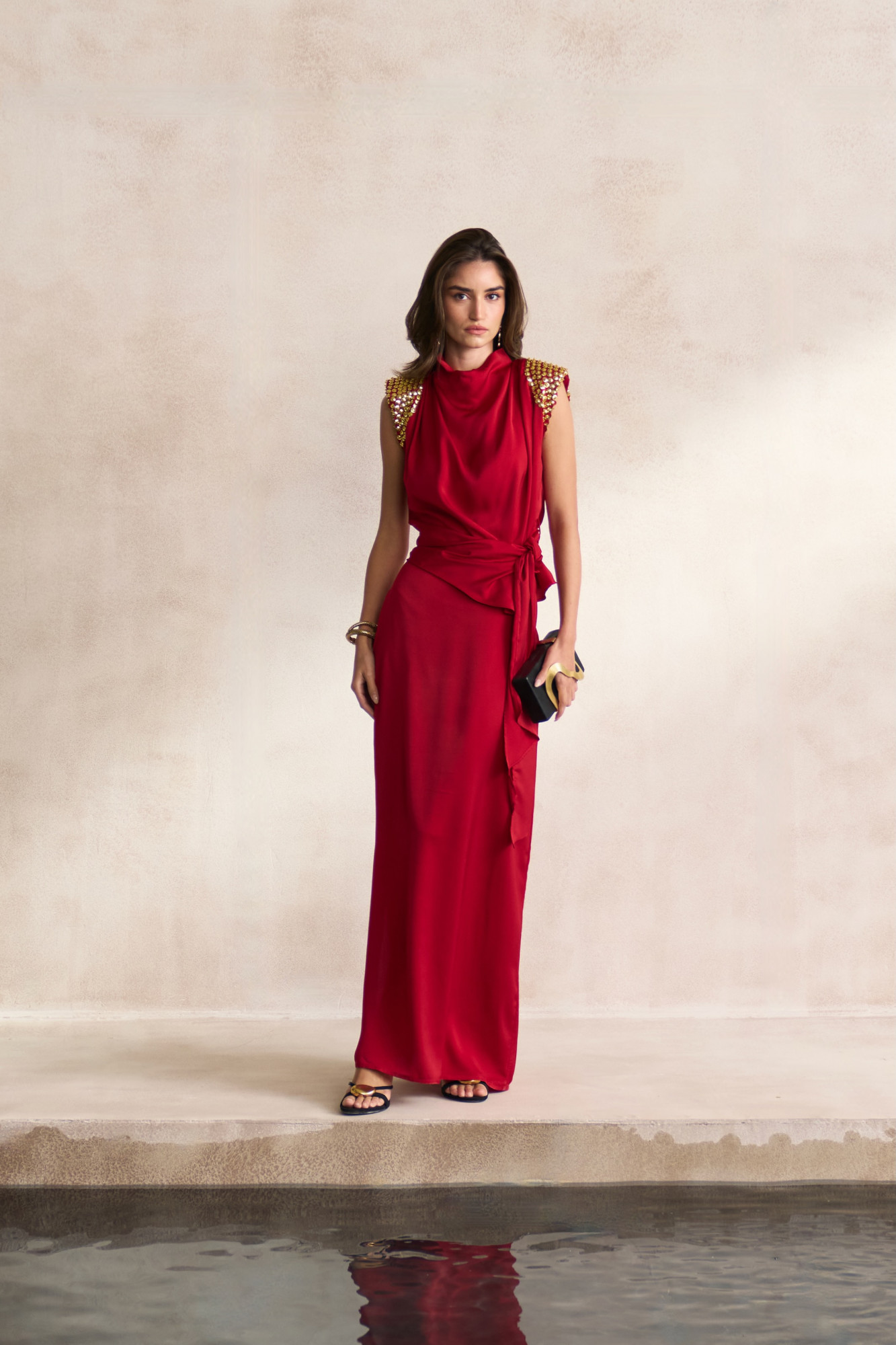 LEILA 03 MAROON SOFT SATIN TOP WITH EMBELLISHED GOLD SEQUIN SHOULDERS AND STRAIGHT LONG SKIRT