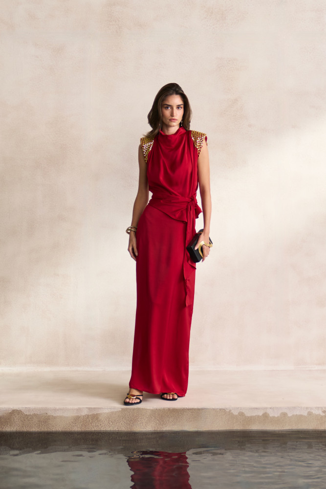 Image of LEILA 03 MAROON SOFT SATIN TOP WITH EMBELLISHED GOLD SEQUIN SHOULDERS AND STRAIGHT LONG SKIRT