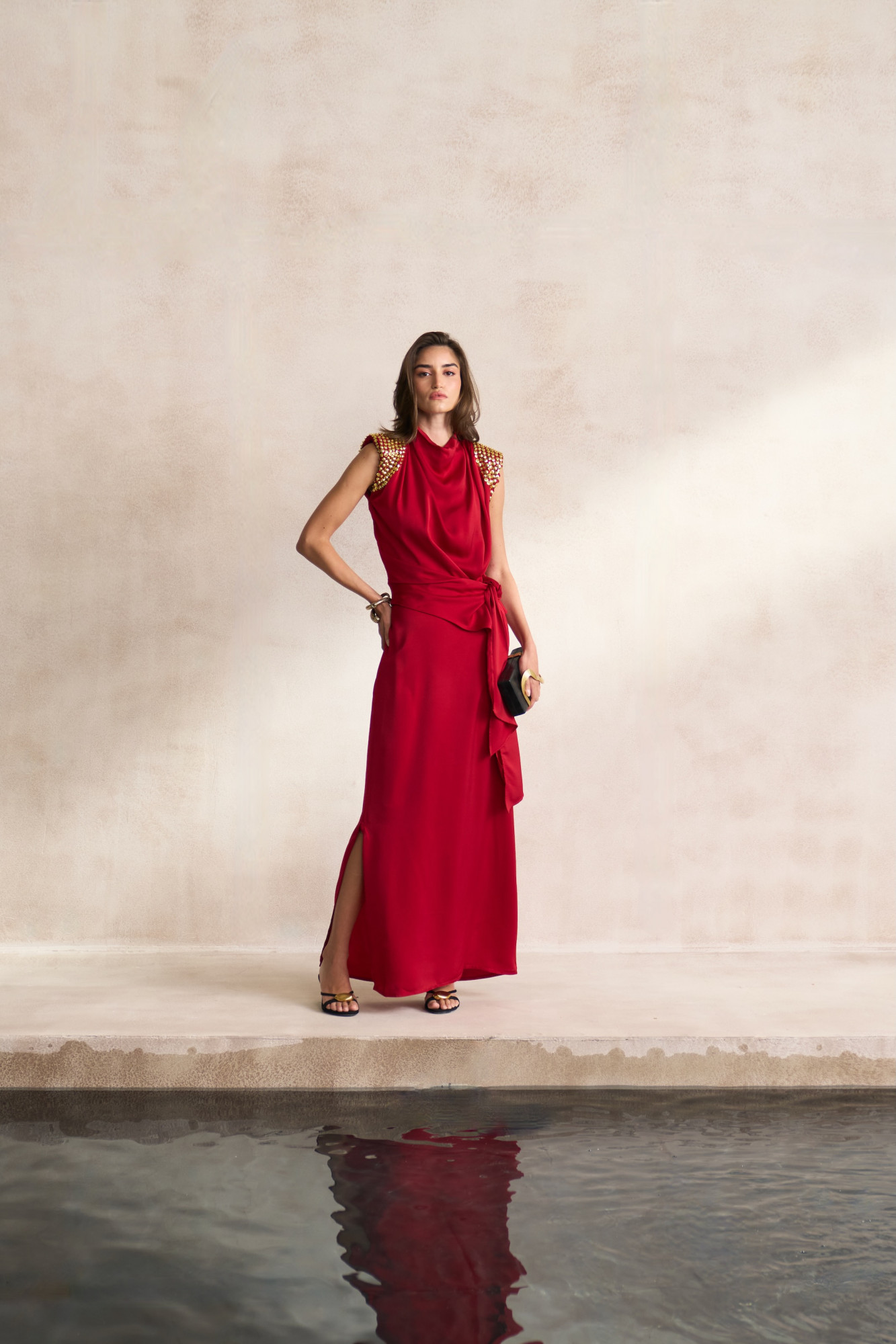 LEILA 03 MAROON SOFT SATIN TOP WITH EMBELLISHED GOLD SEQUIN SHOULDERS AND STRAIGHT LONG SKIRT