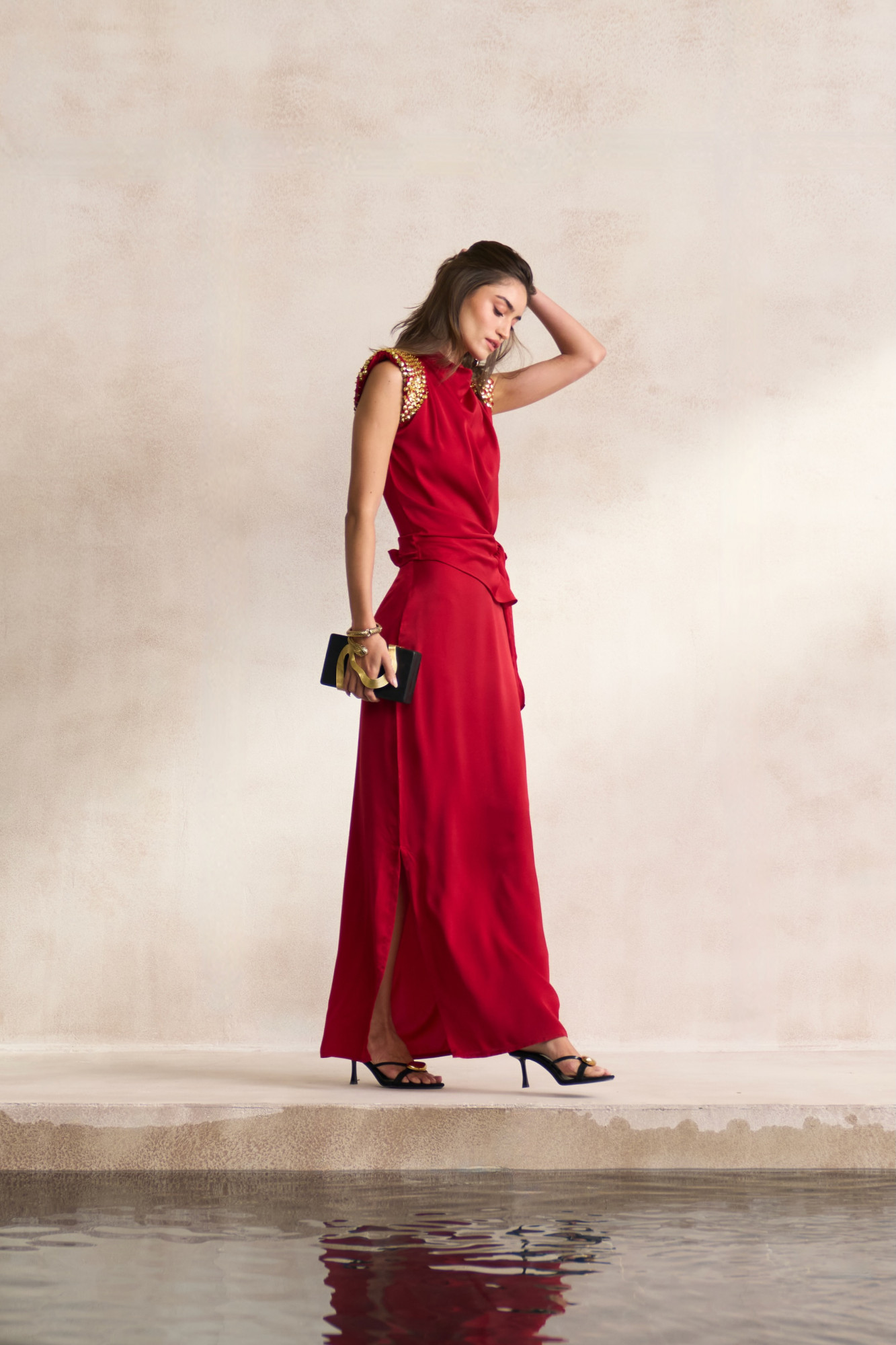 LEILA 03 MAROON SOFT SATIN TOP WITH EMBELLISHED GOLD SEQUIN SHOULDERS AND STRAIGHT LONG SKIRT