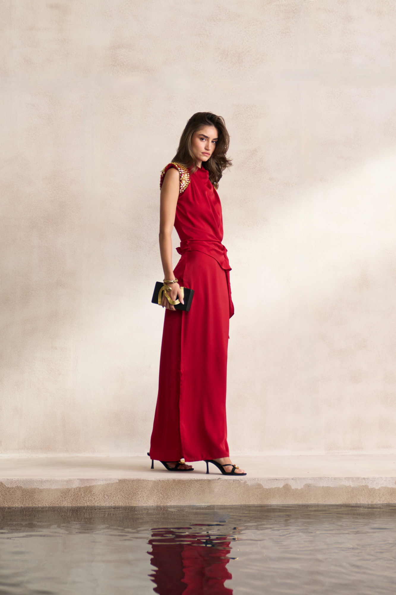 LEILA 03 MAROON SOFT SATIN TOP WITH EMBELLISHED GOLD SEQUIN SHOULDERS AND STRAIGHT LONG SKIRT