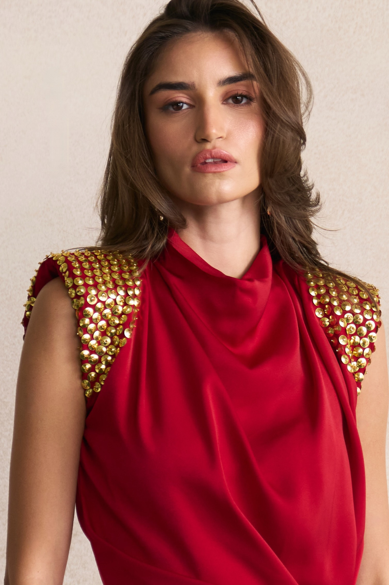 LEILA 03 MAROON SOFT SATIN TOP WITH EMBELLISHED GOLD SEQUIN SHOULDERS AND STRAIGHT LONG SKIRT