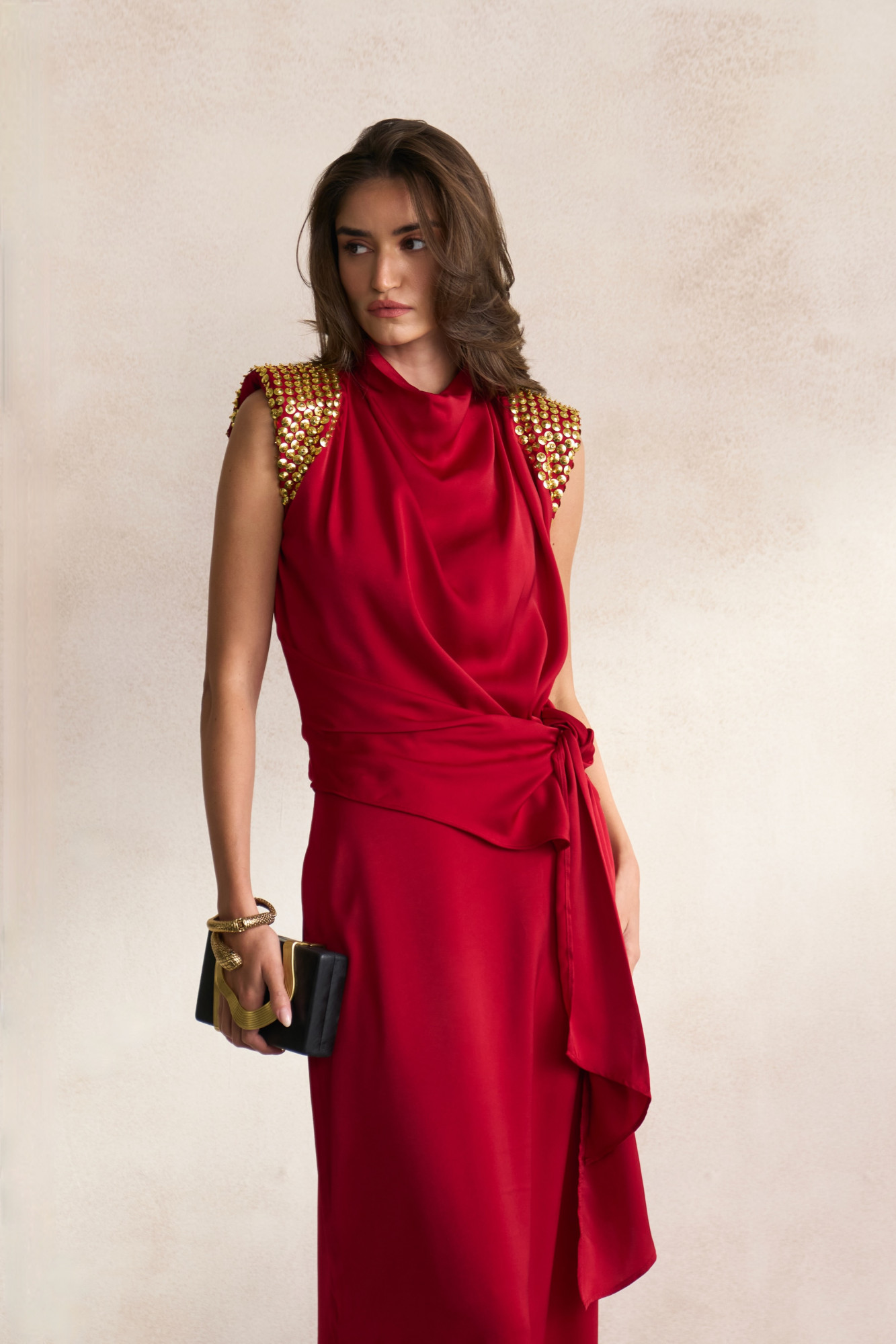 LEILA 03 MAROON SOFT SATIN TOP WITH EMBELLISHED GOLD SEQUIN SHOULDERS AND STRAIGHT LONG SKIRT