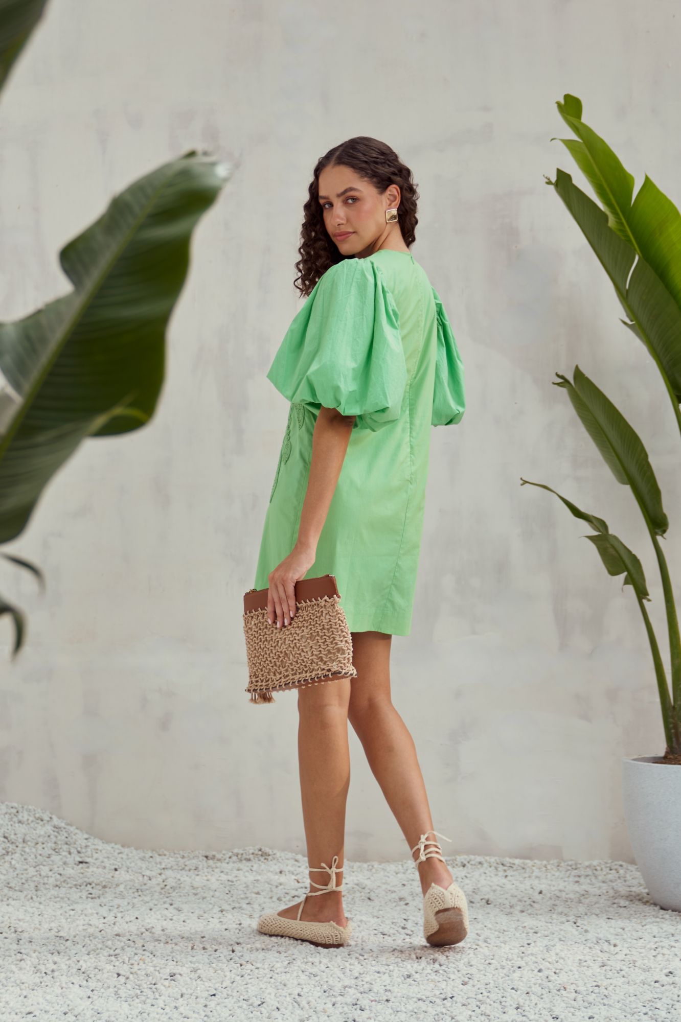 MALIBU-02 FERN GREEN COTTON POPLIN KNEE LENGTH DRESS WITH BANANA TREE DORI EMBROIDERY