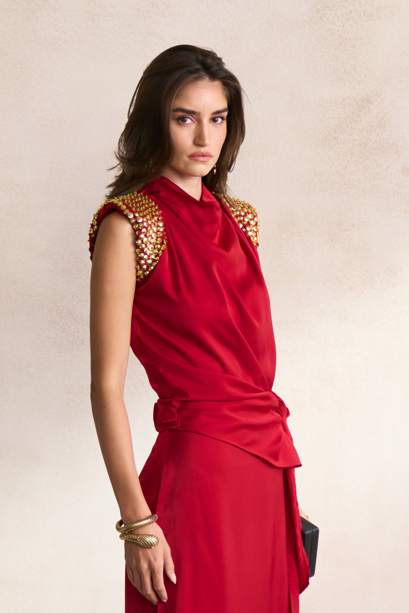 LEILA 03 MAROON SOFT SATIN TOP WITH EMBELLISHED GOLD SEQUIN SHOULDERS AND STRAIGHT LONG SKIRT