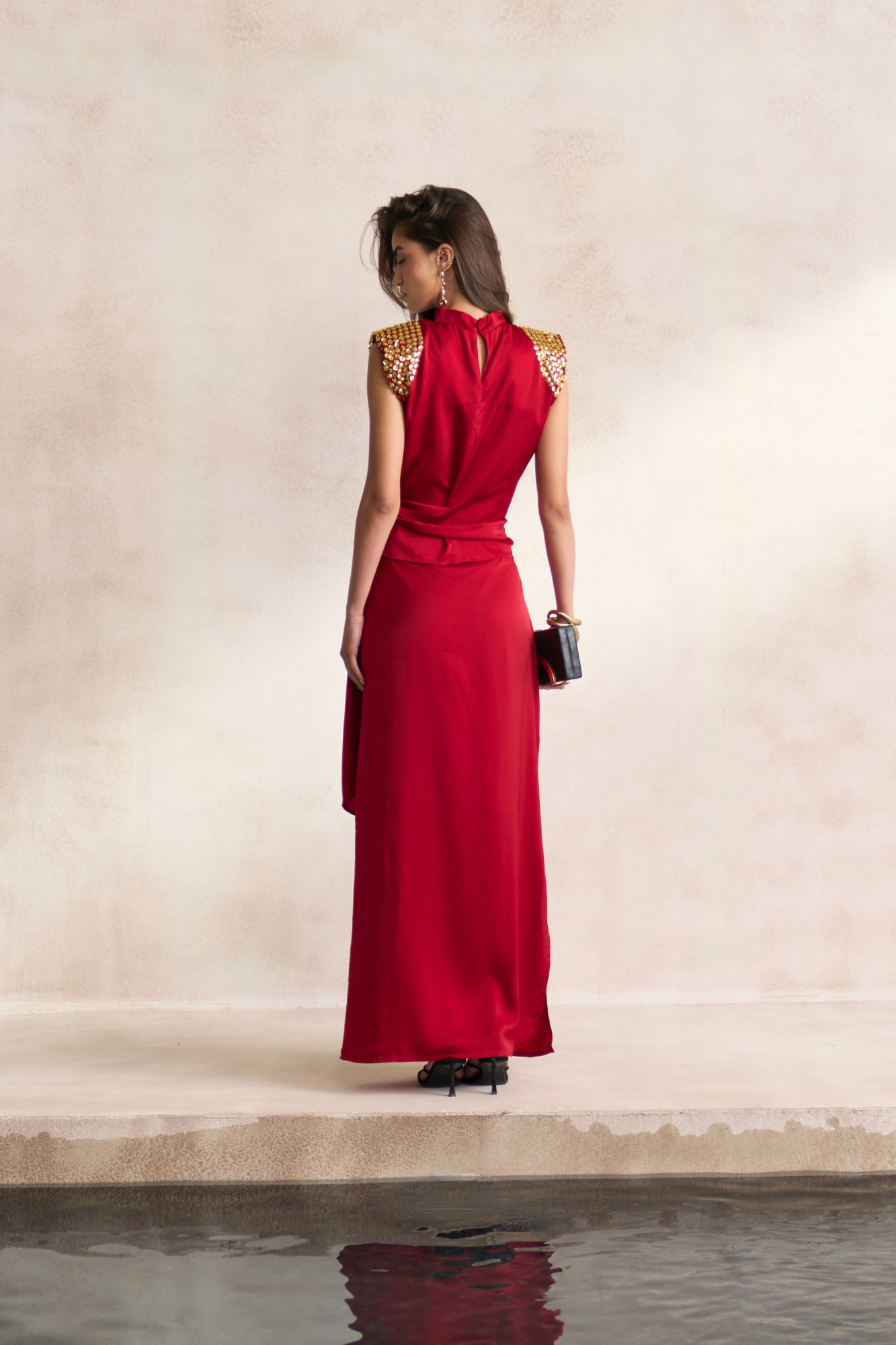 LEILA 03 MAROON SOFT SATIN TOP WITH EMBELLISHED GOLD SEQUIN SHOULDERS AND STRAIGHT LONG SKIRT