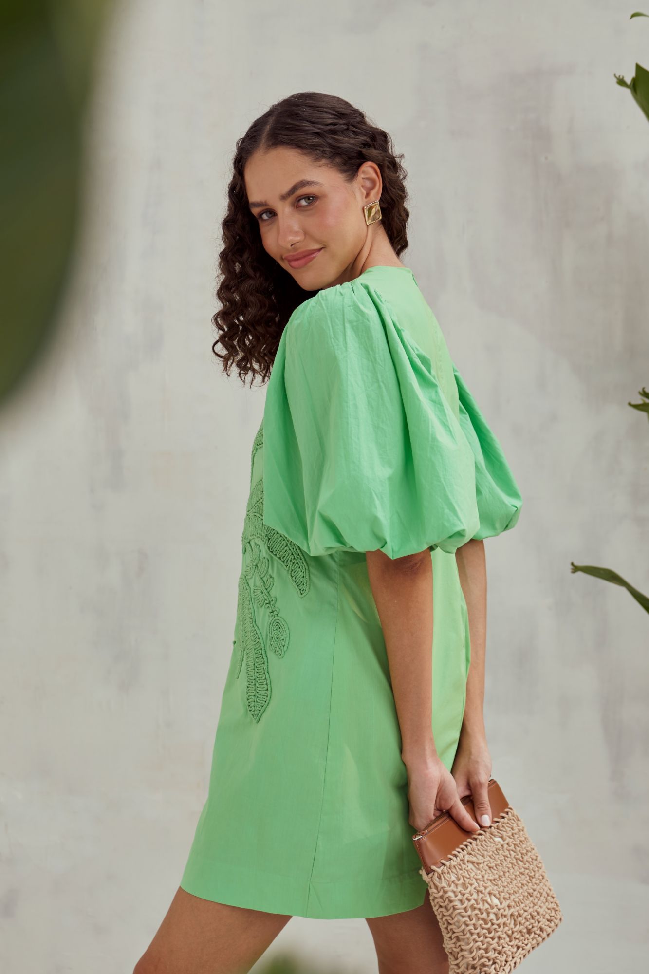 MALIBU-02 FERN GREEN COTTON POPLIN KNEE LENGTH DRESS WITH BANANA TREE DORI EMBROIDERY