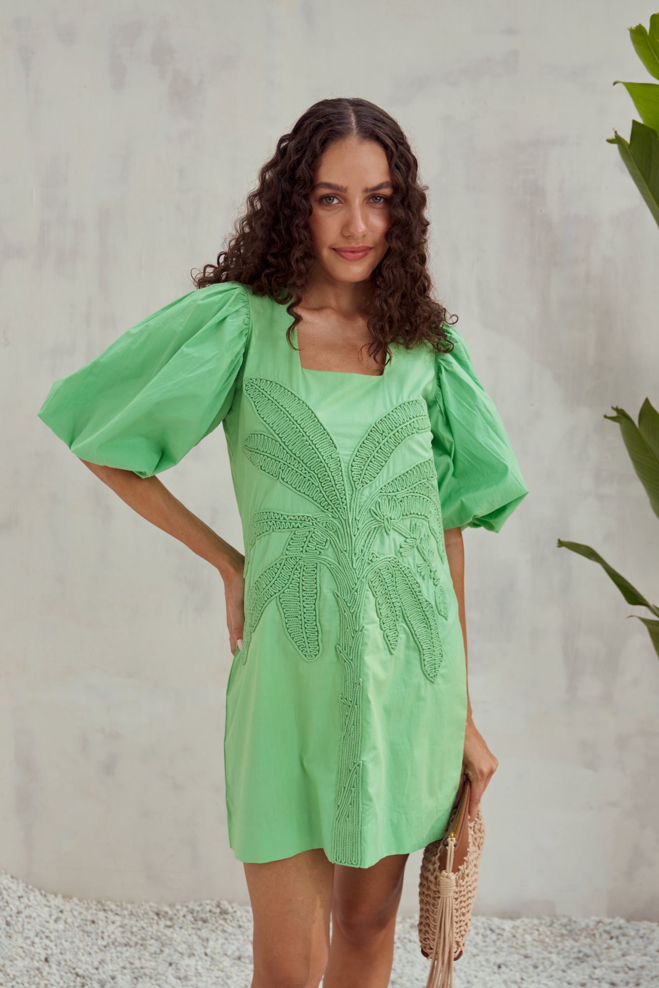 MALIBU-02 FERN GREEN COTTON POPLIN KNEE LENGTH DRESS WITH BANANA TREE DORI EMBROIDERY