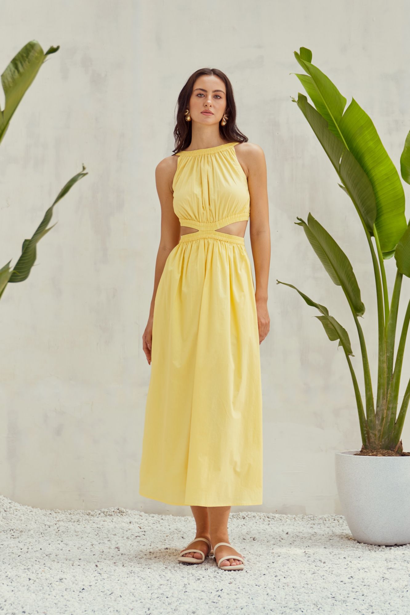 MALIBU-02 PASTEL YELLOW COTTON POPLIN MIDI LENGTH DRESS WITH WAIST CUT