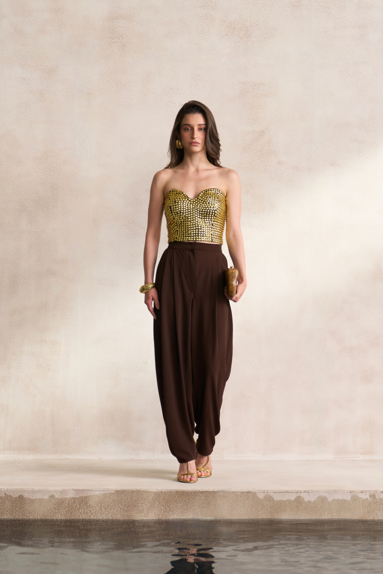 LEILA 03 FULLY COVERED GOLD SEQUIN BUSTIER WITH BROWN COWL PANTS