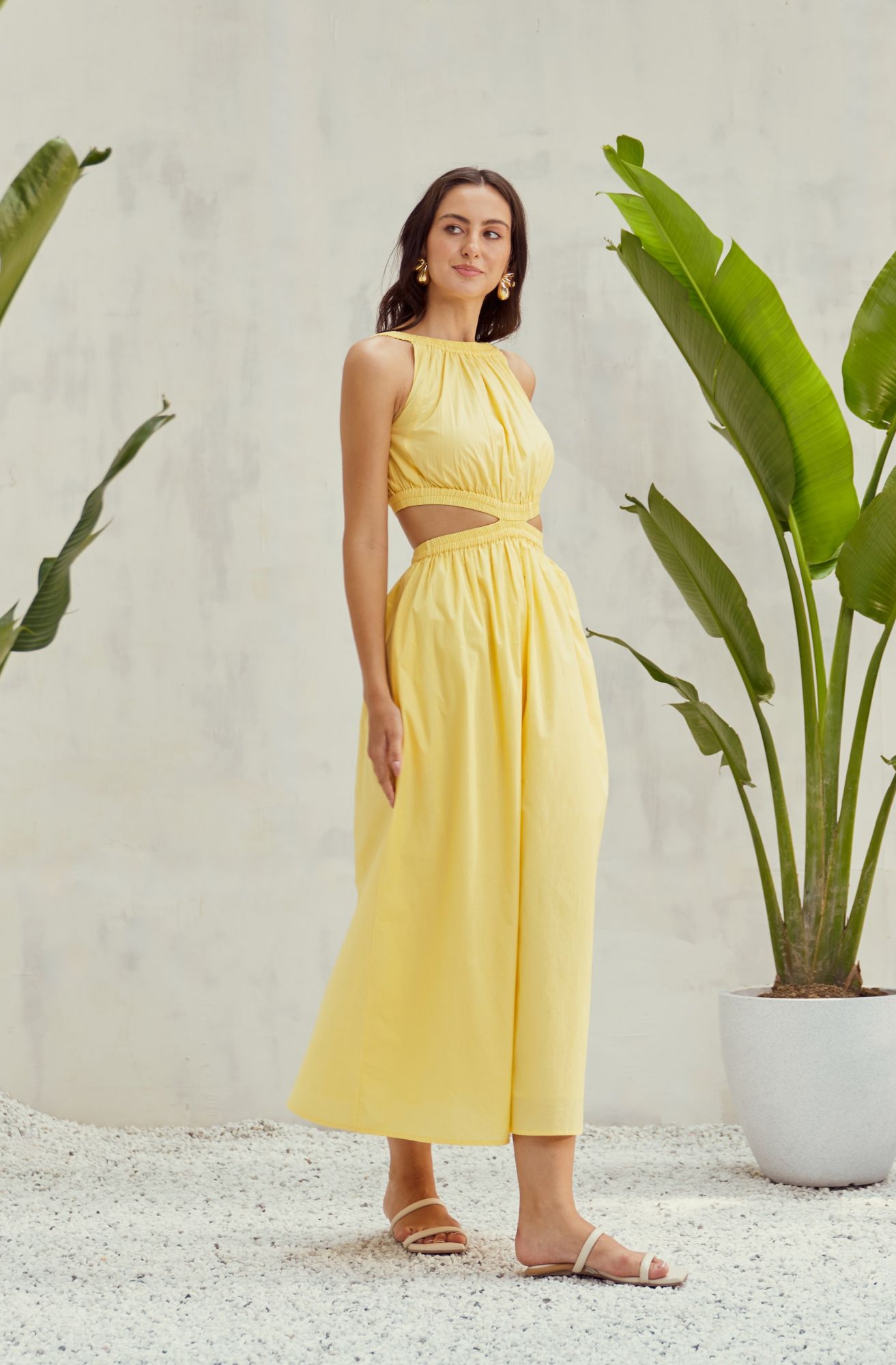 MALIBU-02 PASTEL YELLOW COTTON POPLIN MIDI LENGTH DRESS WITH WAIST CUT