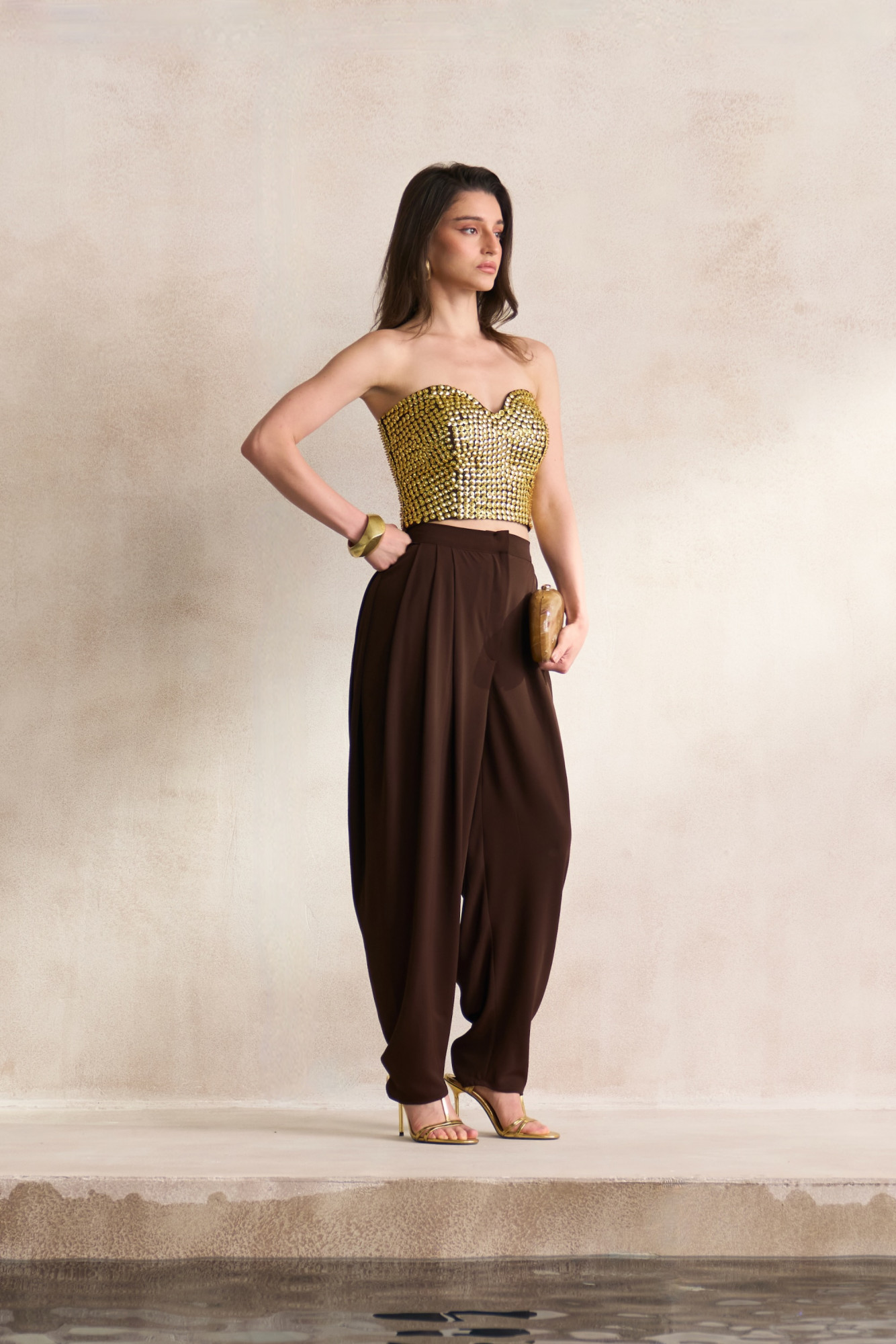 LEILA 03 FULLY COVERED GOLD SEQUIN BUSTIER WITH BROWN COWL PANTS