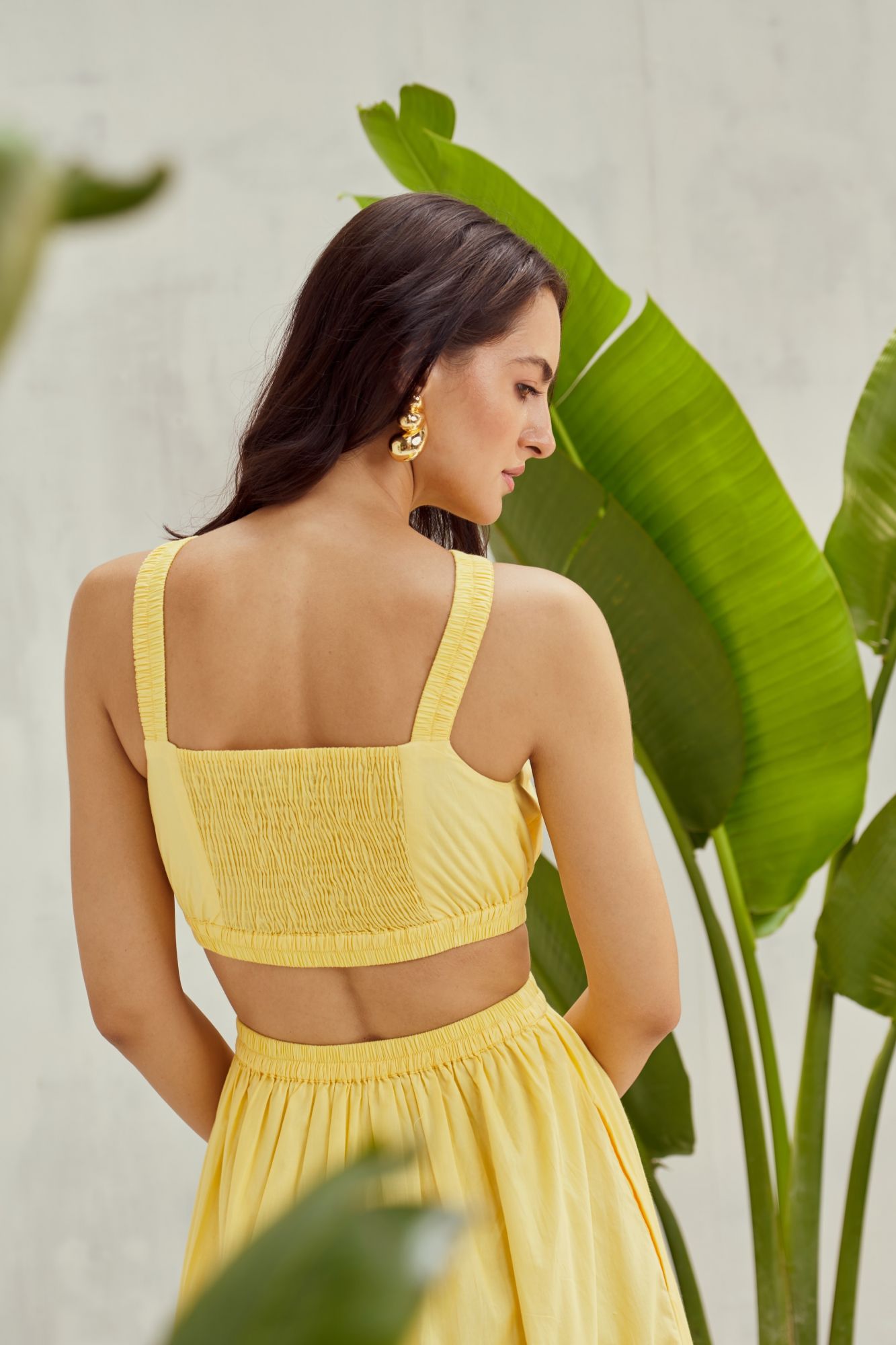 MALIBU-02 PASTEL YELLOW COTTON POPLIN MIDI LENGTH DRESS WITH WAIST CUT