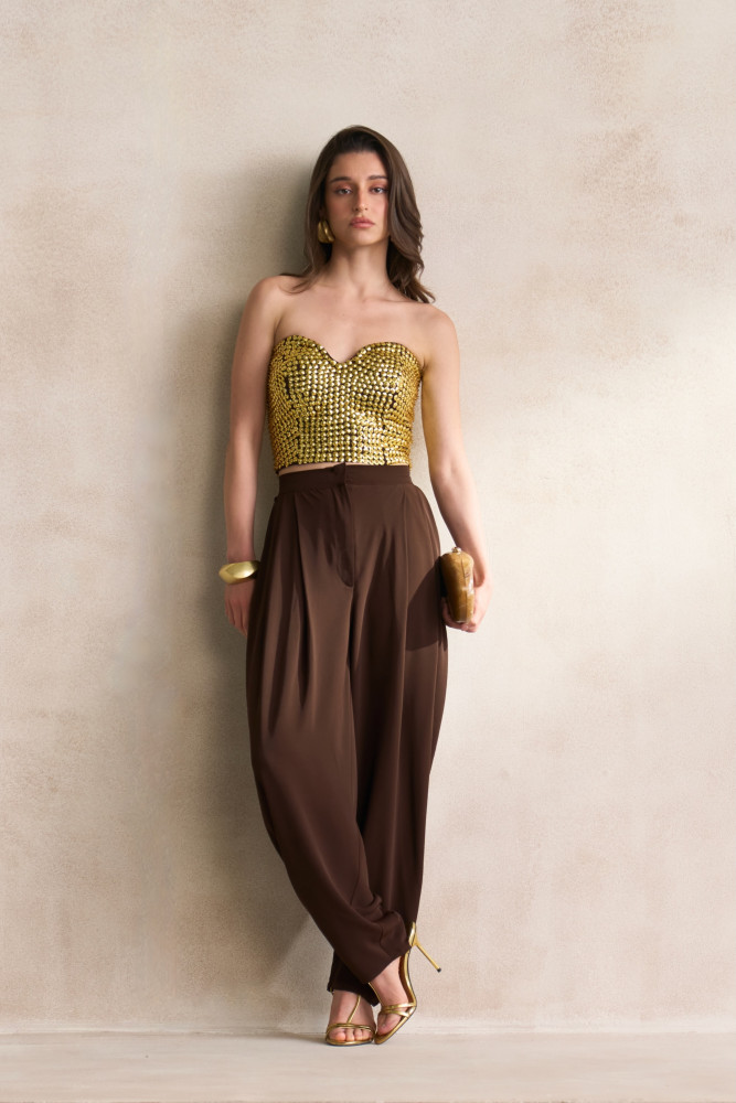 Image of LEILA 03 FULLY COVERED GOLD SEQUIN BUSTIER WITH BROWN COWL PANTS