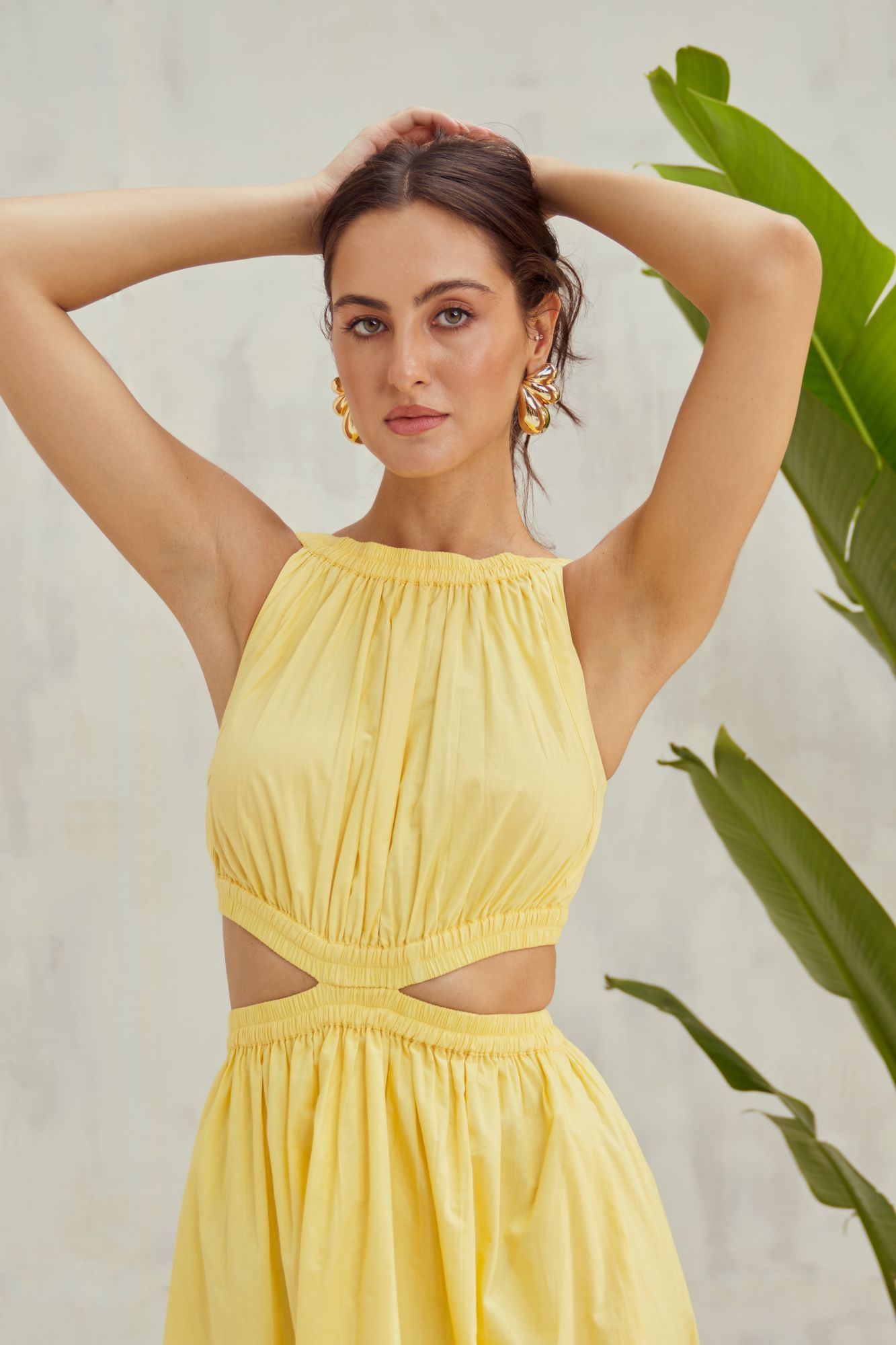 MALIBU-02 PASTEL YELLOW COTTON POPLIN MIDI LENGTH DRESS WITH WAIST CUT