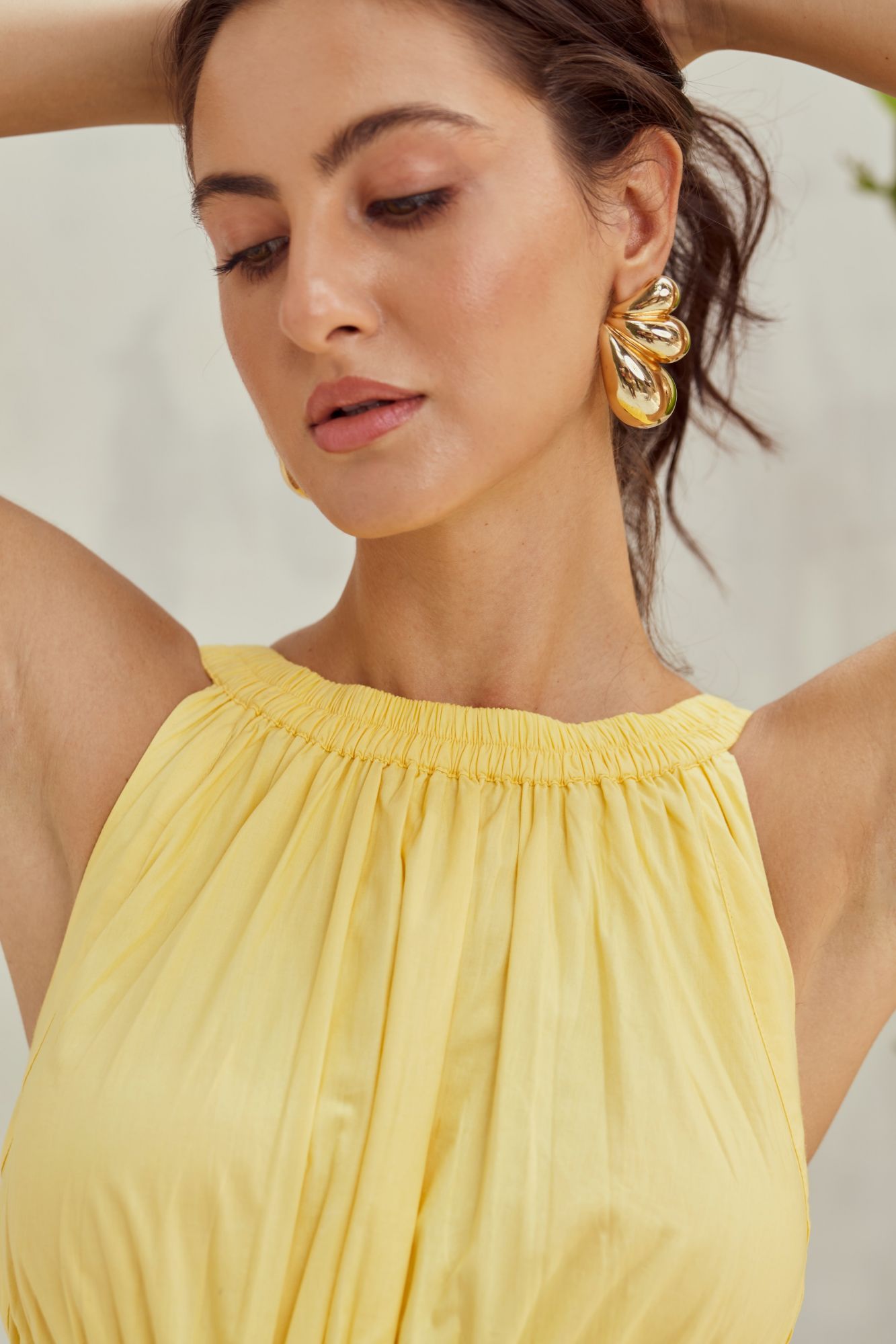 MALIBU-02 PASTEL YELLOW COTTON POPLIN MIDI LENGTH DRESS WITH WAIST CUT