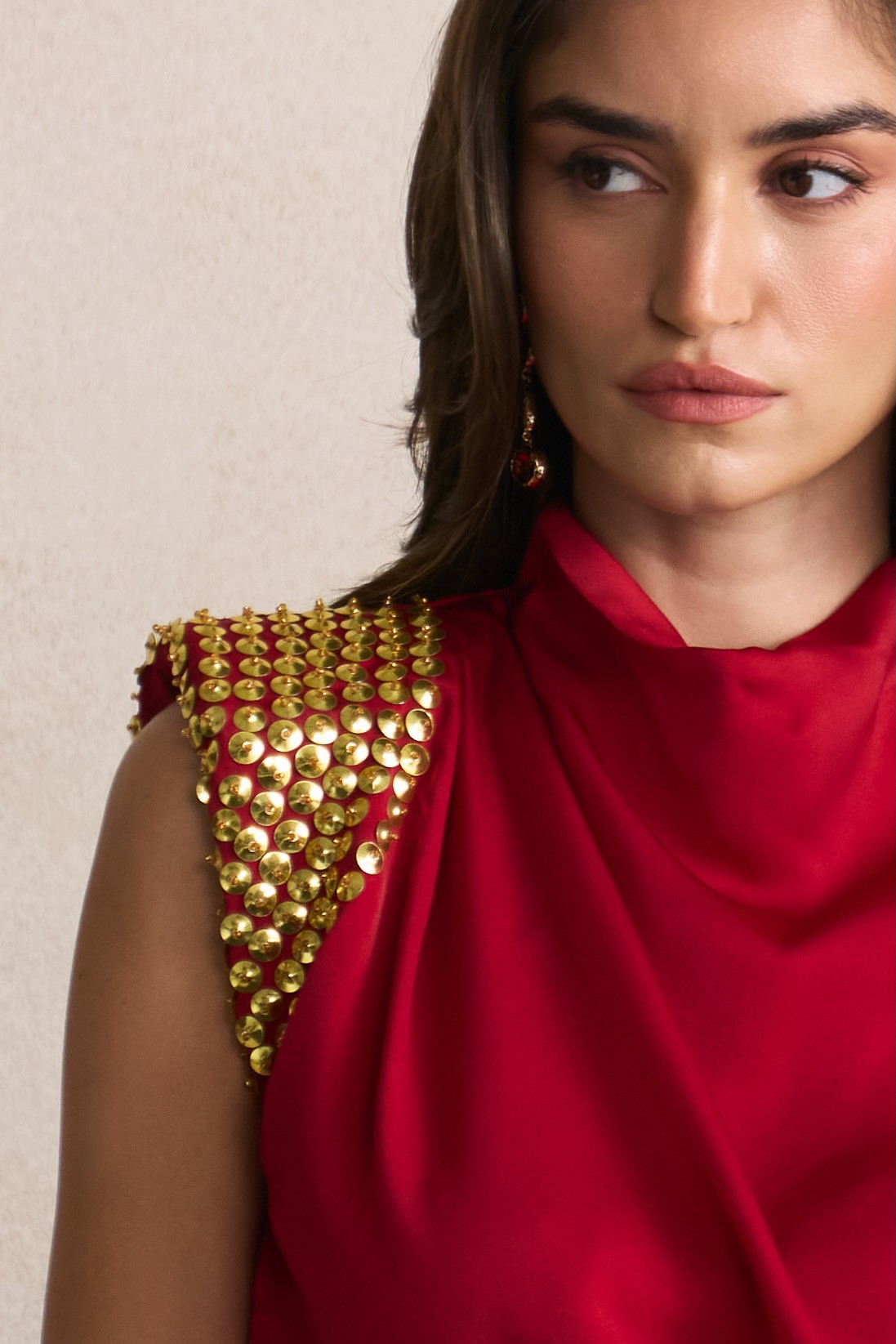 LEILA 03 MAROON SOFT SATIN TOP WITH EMBELLISHED GOLD SEQUIN SHOULDERS