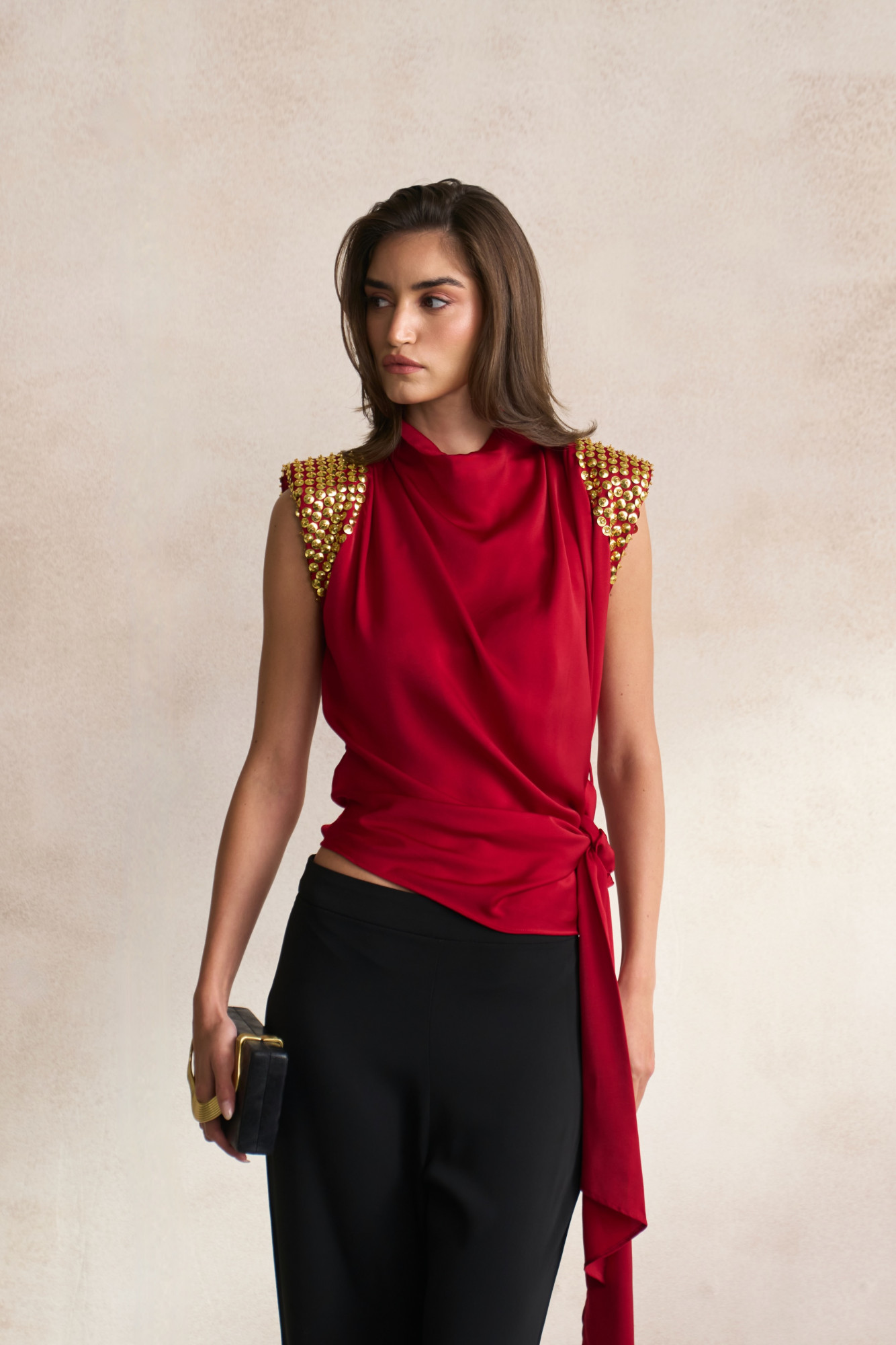 LEILA 03 MAROON SOFT SATIN TOP WITH EMBELLISHED GOLD SEQUIN SHOULDERS