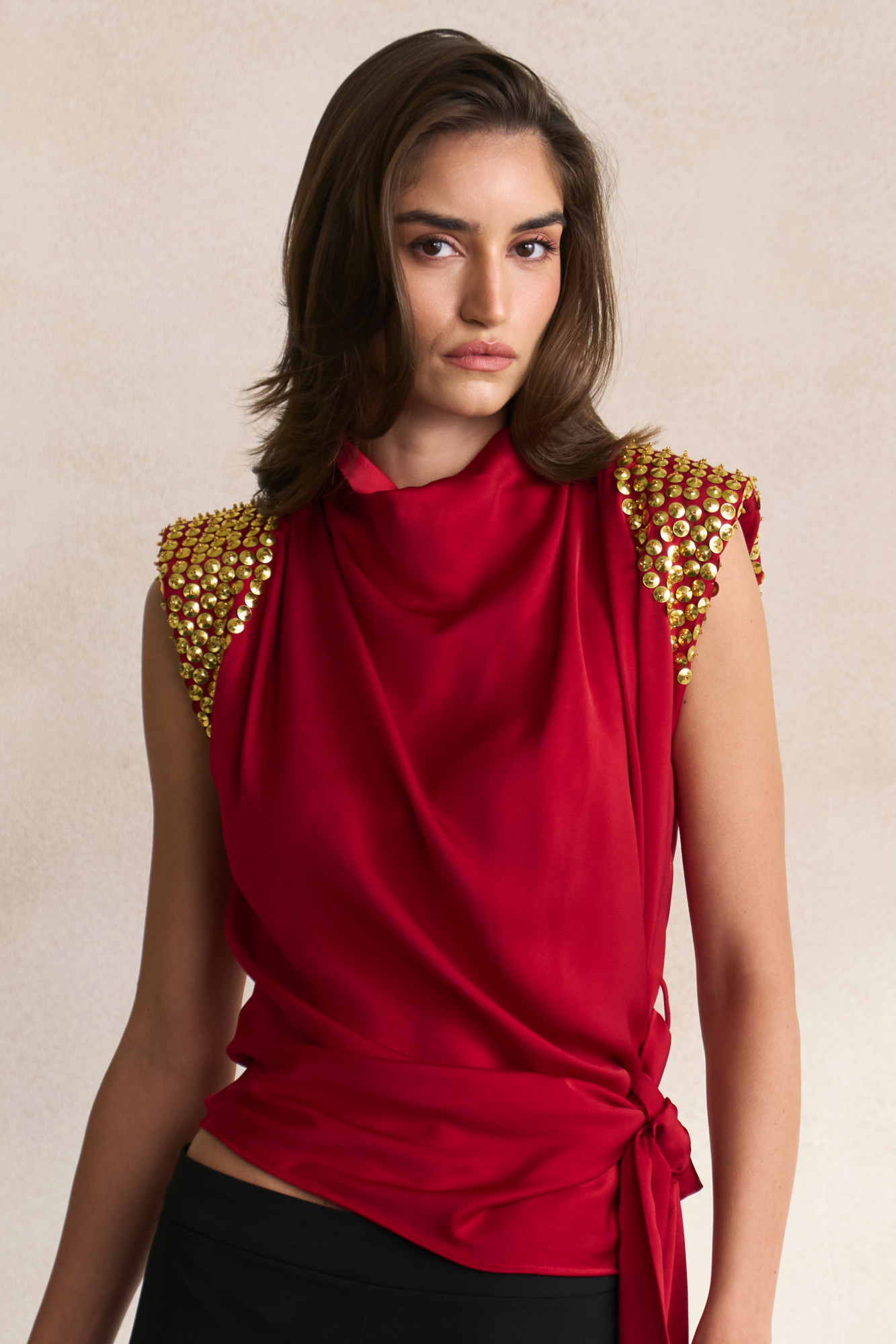 LEILA 03 MAROON SOFT SATIN TOP WITH EMBELLISHED GOLD SEQUIN SHOULDERS