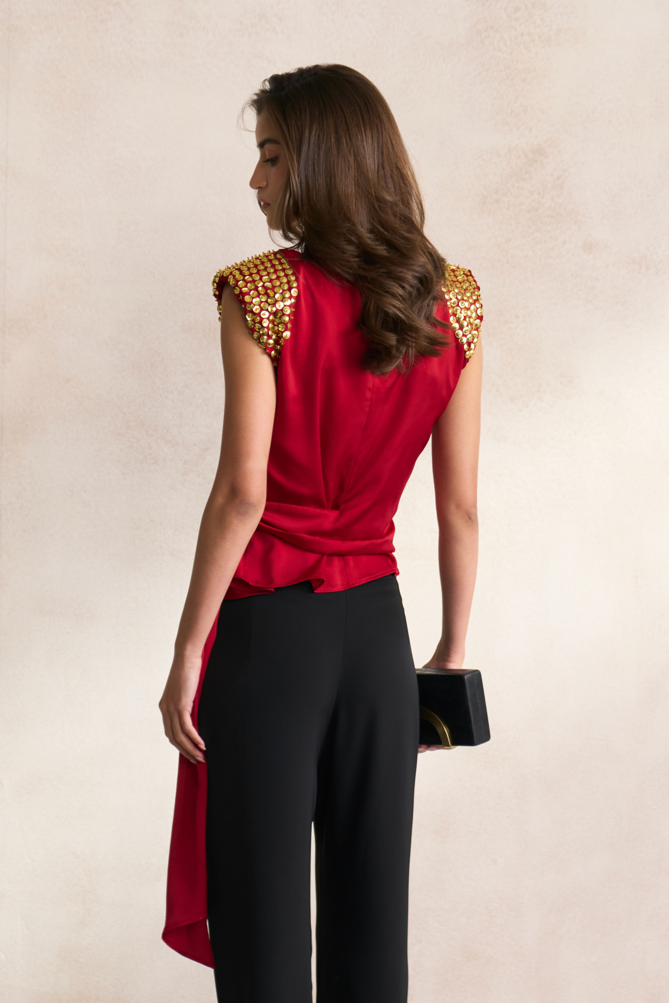 LEILA 03 MAROON SOFT SATIN TOP WITH EMBELLISHED GOLD SEQUIN SHOULDERS