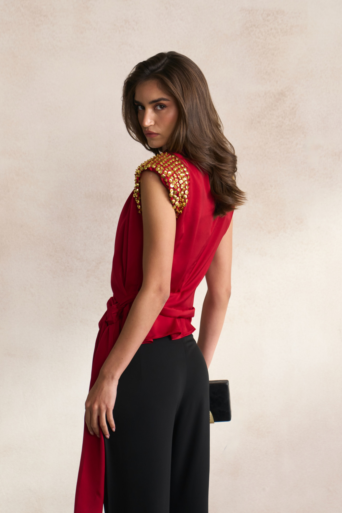 LEILA 03 MAROON SOFT SATIN TOP WITH EMBELLISHED GOLD SEQUIN SHOULDERS