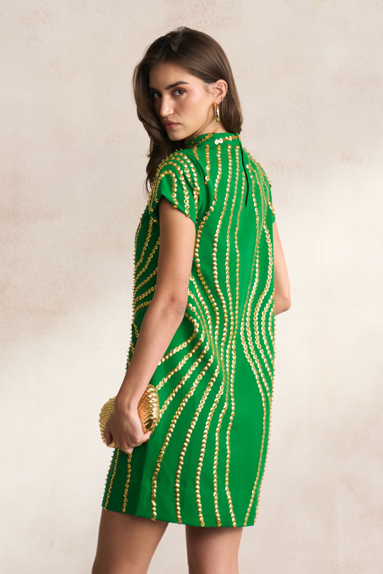 LEILA 03 GREEN COLOUR SHORT SLEEVES KNEE LENGTH DRESS WITH GOLD SEQUIN EMBROIDERY
