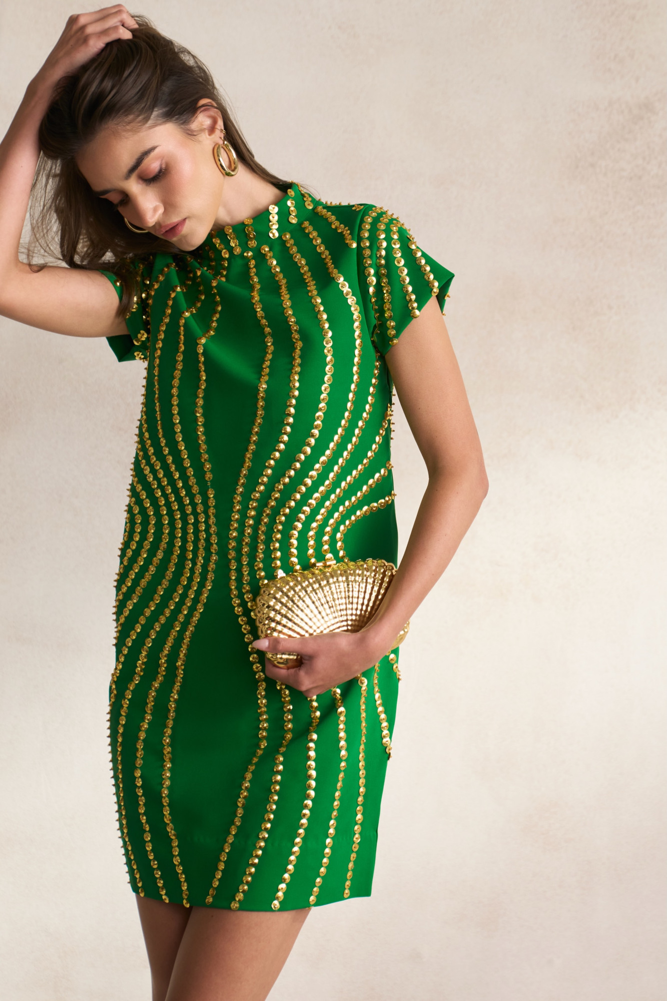 LEILA 03 GREEN COLOUR SHORT SLEEVES KNEE LENGTH DRESS WITH GOLD SEQUIN EMBROIDERY