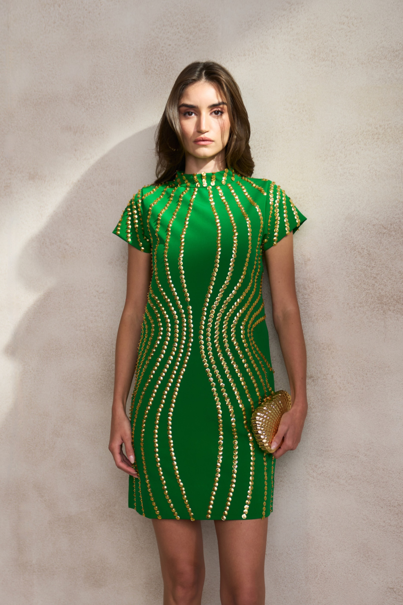 LEILA 03 GREEN COLOUR SHORT SLEEVES KNEE LENGTH DRESS WITH GOLD SEQUIN EMBROIDERY