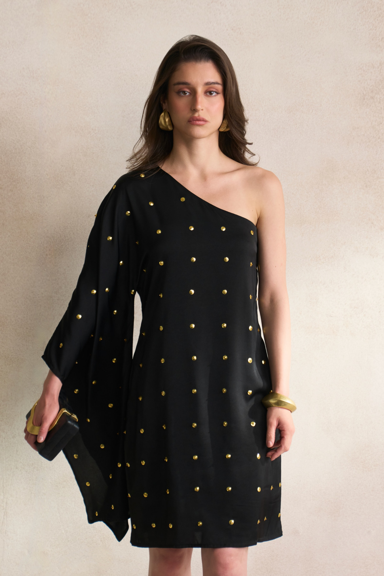 LEILA 03 BLACK ONE SIDE OFF SHOULDER KNEE LENGTH DRESS WITH LEATHER BELT