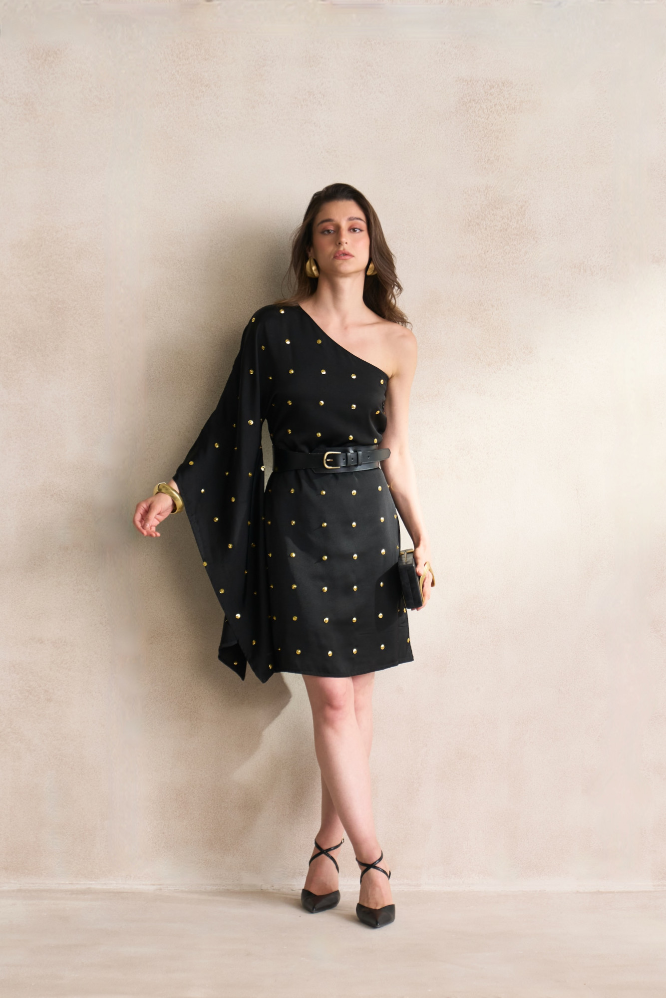 LEILA 03 BLACK ONE SIDE OFF SHOULDER KNEE LENGTH DRESS WITH LEATHER BELT