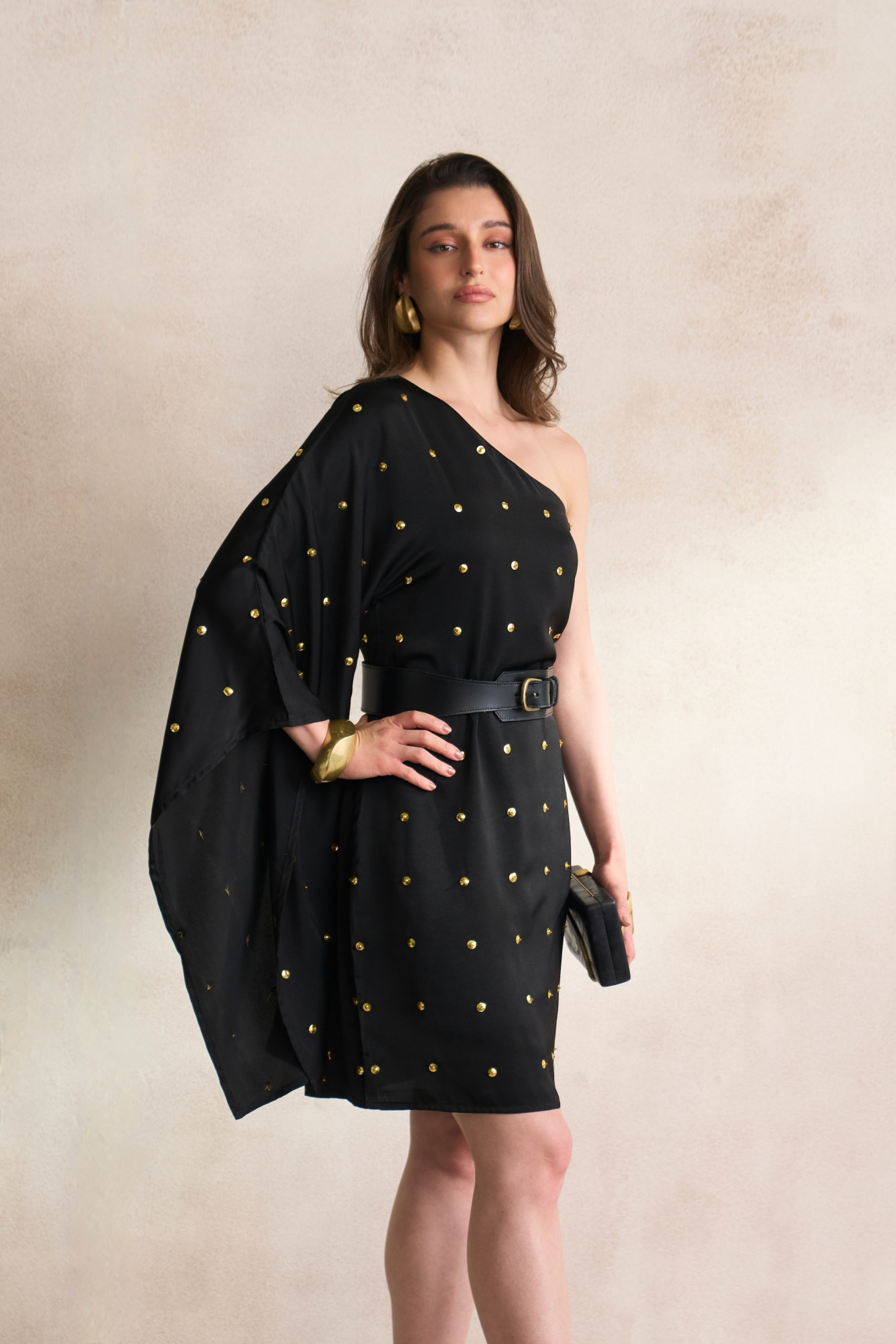 LEILA 03 BLACK ONE SIDE OFF SHOULDER KNEE LENGTH DRESS WITH LEATHER BELT