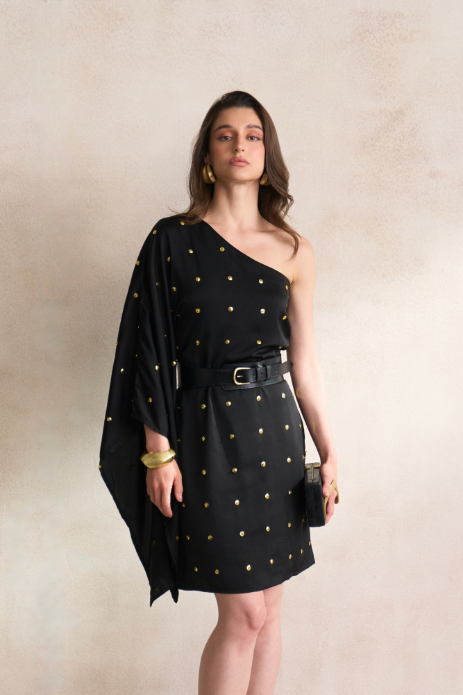 Image of LEILA 03 BLACK ONE SIDE OFF SHOULDER KNEE LENGTH DRESS WITH LEATHER BELT