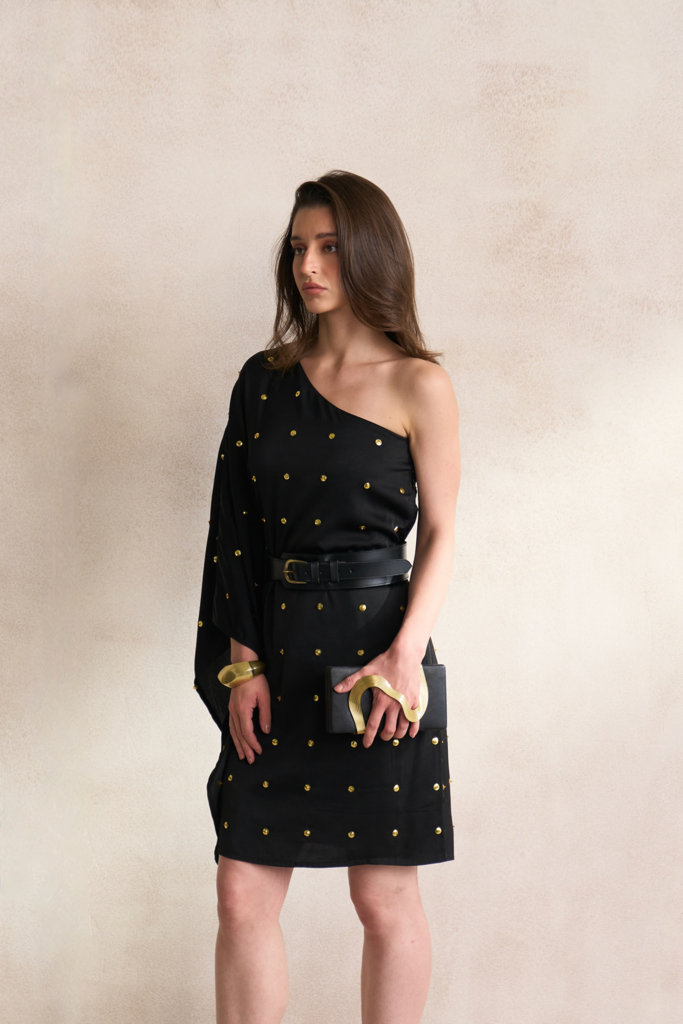 LEILA 03 BLACK ONE SIDE OFF SHOULDER KNEE LENGTH DRESS WITH LEATHER BELT