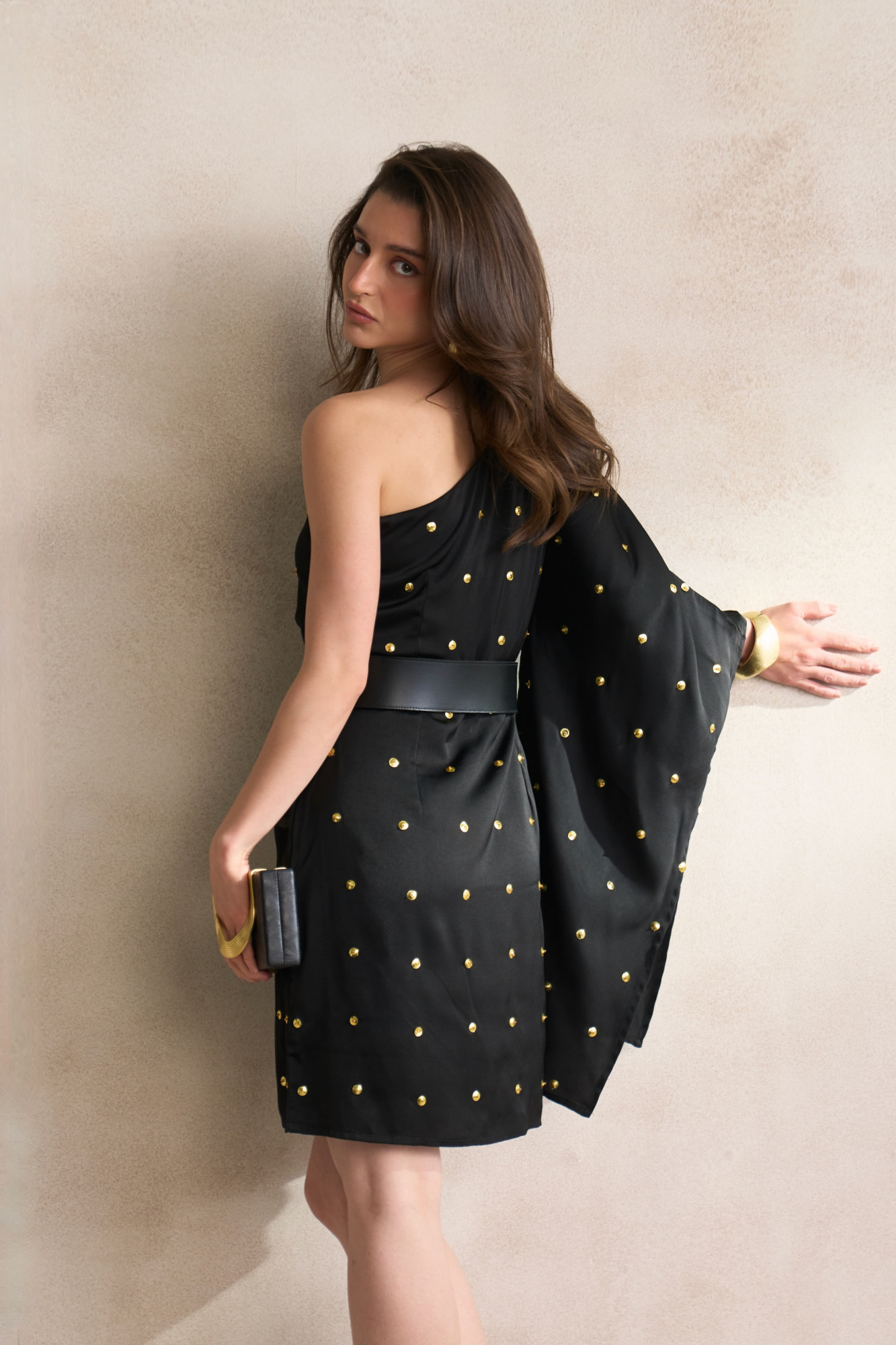 LEILA 03 BLACK ONE SIDE OFF SHOULDER KNEE LENGTH DRESS WITH LEATHER BELT
