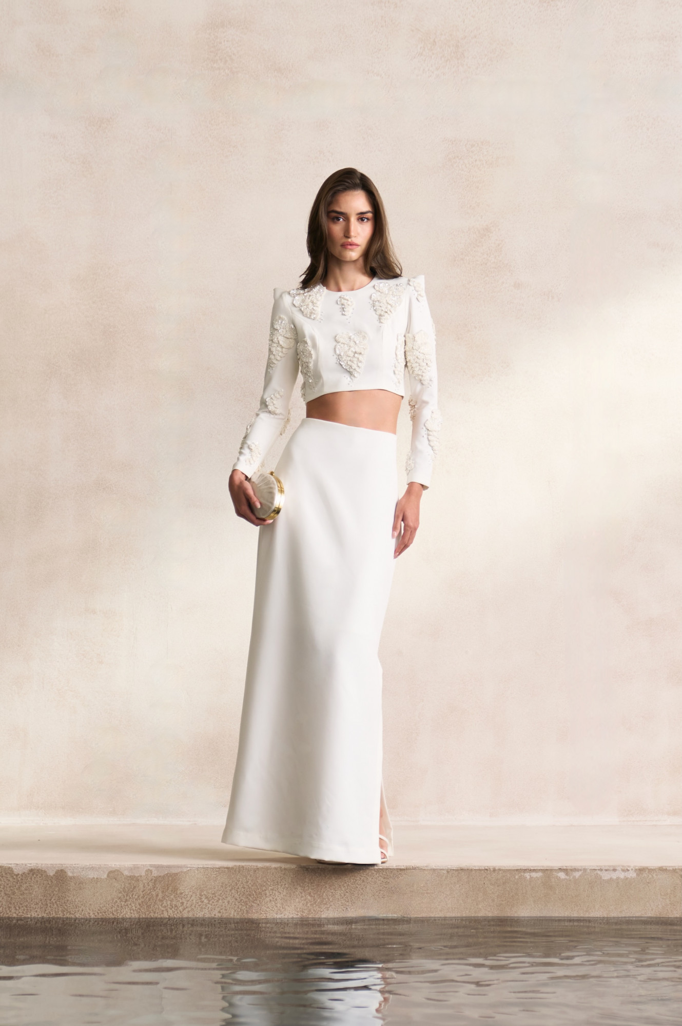 LEILA 03 WHITE COLOR TOP AND LONG SKIRT CO-ORD SET WITH WHITE SEQUIN 3D FLOWER EMBROIDERY