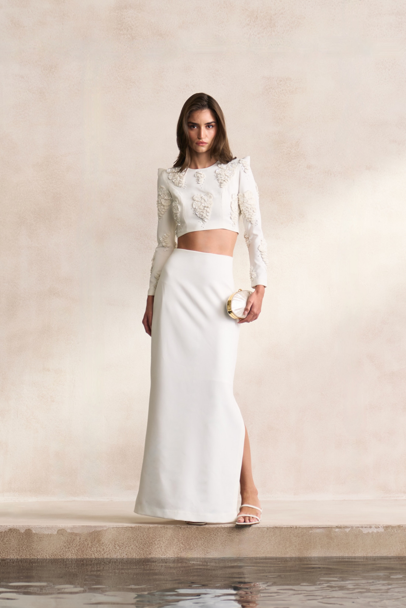 LEILA 03 WHITE COLOR TOP AND LONG SKIRT CO-ORD SET WITH WHITE SEQUIN 3D FLOWER EMBROIDERY