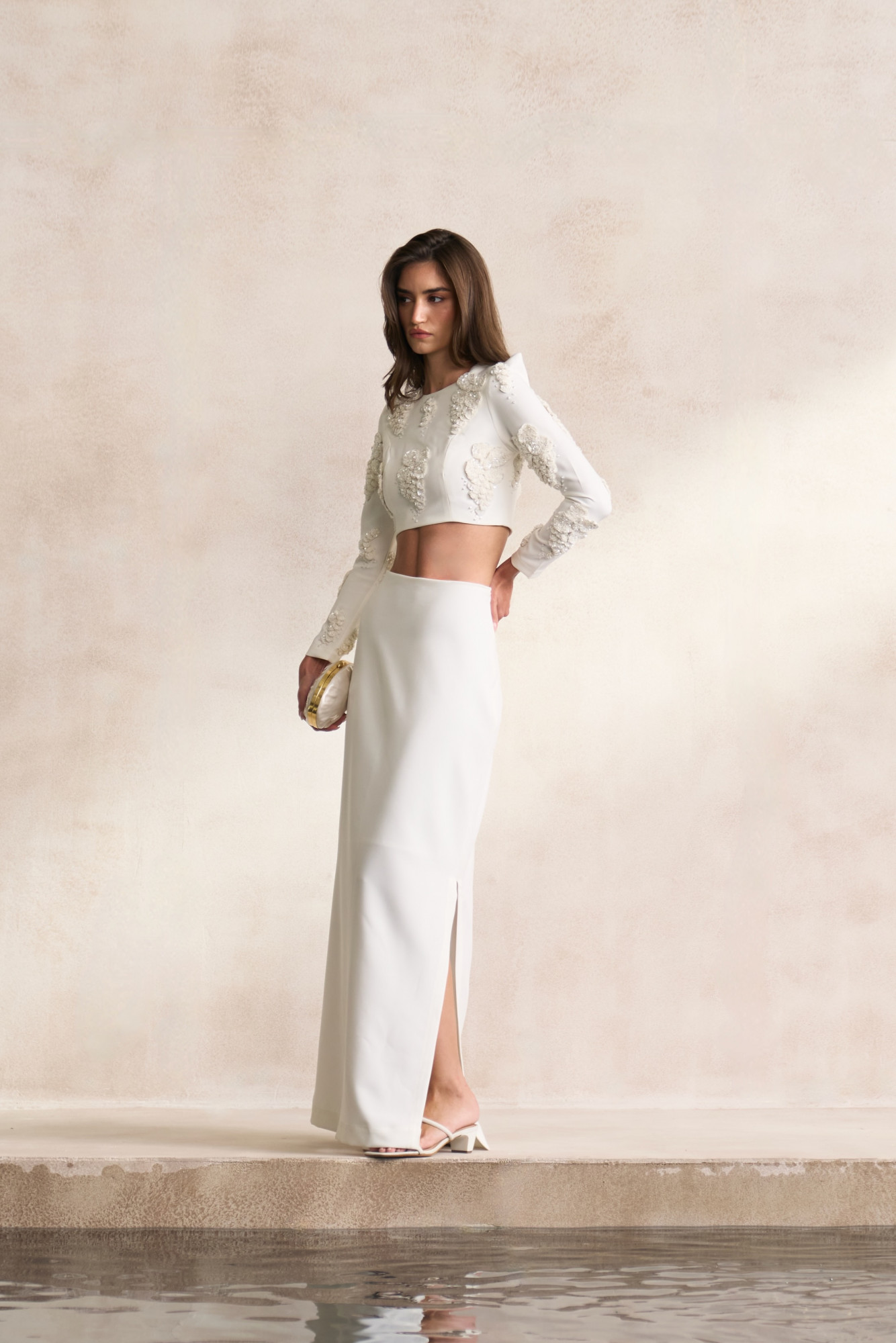 LEILA 03 WHITE COLOR TOP AND LONG SKIRT CO-ORD SET WITH WHITE SEQUIN 3D FLOWER EMBROIDERY