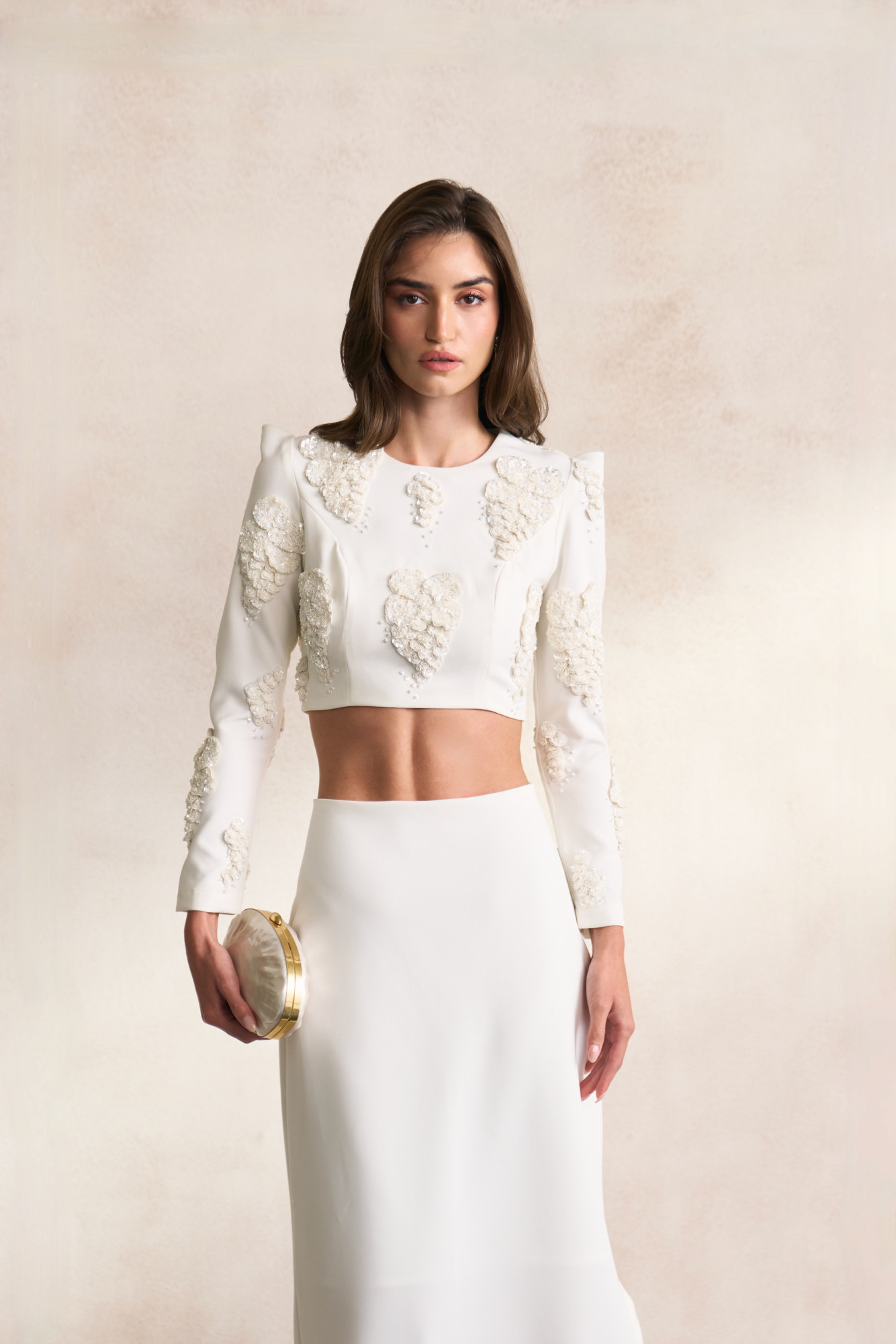 LEILA 03 WHITE COLOR TOP AND LONG SKIRT CO-ORD SET WITH WHITE SEQUIN 3D FLOWER EMBROIDERY