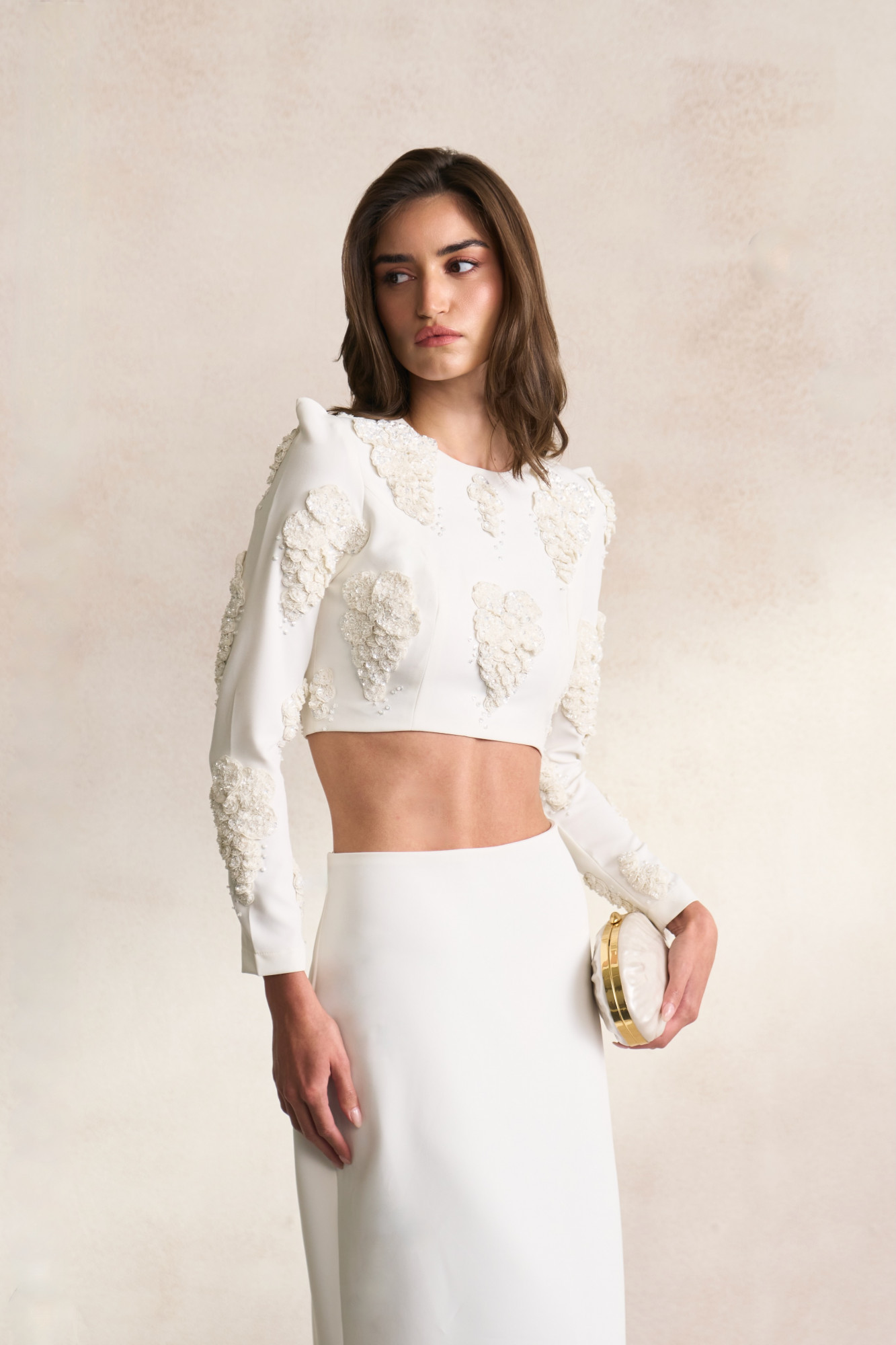 LEILA 03 WHITE COLOR TOP AND LONG SKIRT CO-ORD SET WITH WHITE SEQUIN 3D FLOWER EMBROIDERY