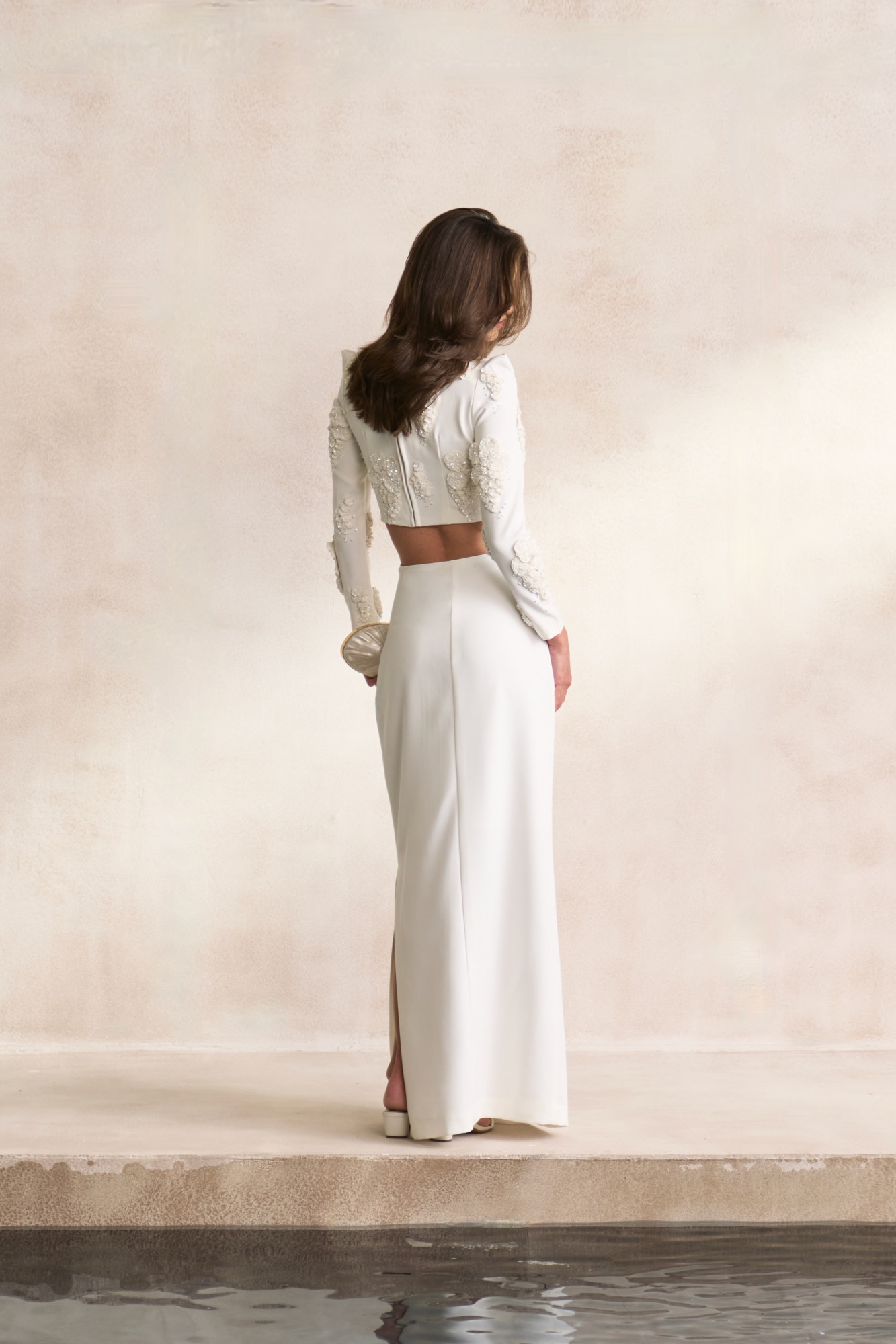 LEILA 03 WHITE COLOR TOP AND LONG SKIRT CO-ORD SET WITH WHITE SEQUIN 3D FLOWER EMBROIDERY