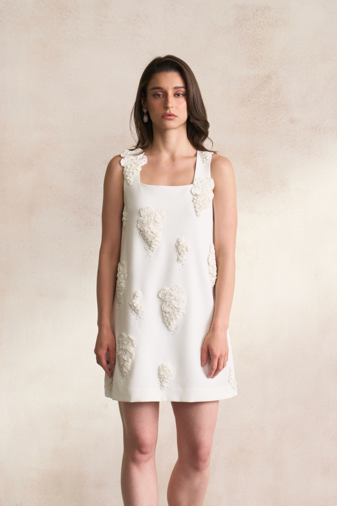LEILA 03 WHITE COLOUR KNEE LENGTH SHIFT DRESS WITH WHITE SEQUIN 3D FLOWER EMBROIDERY