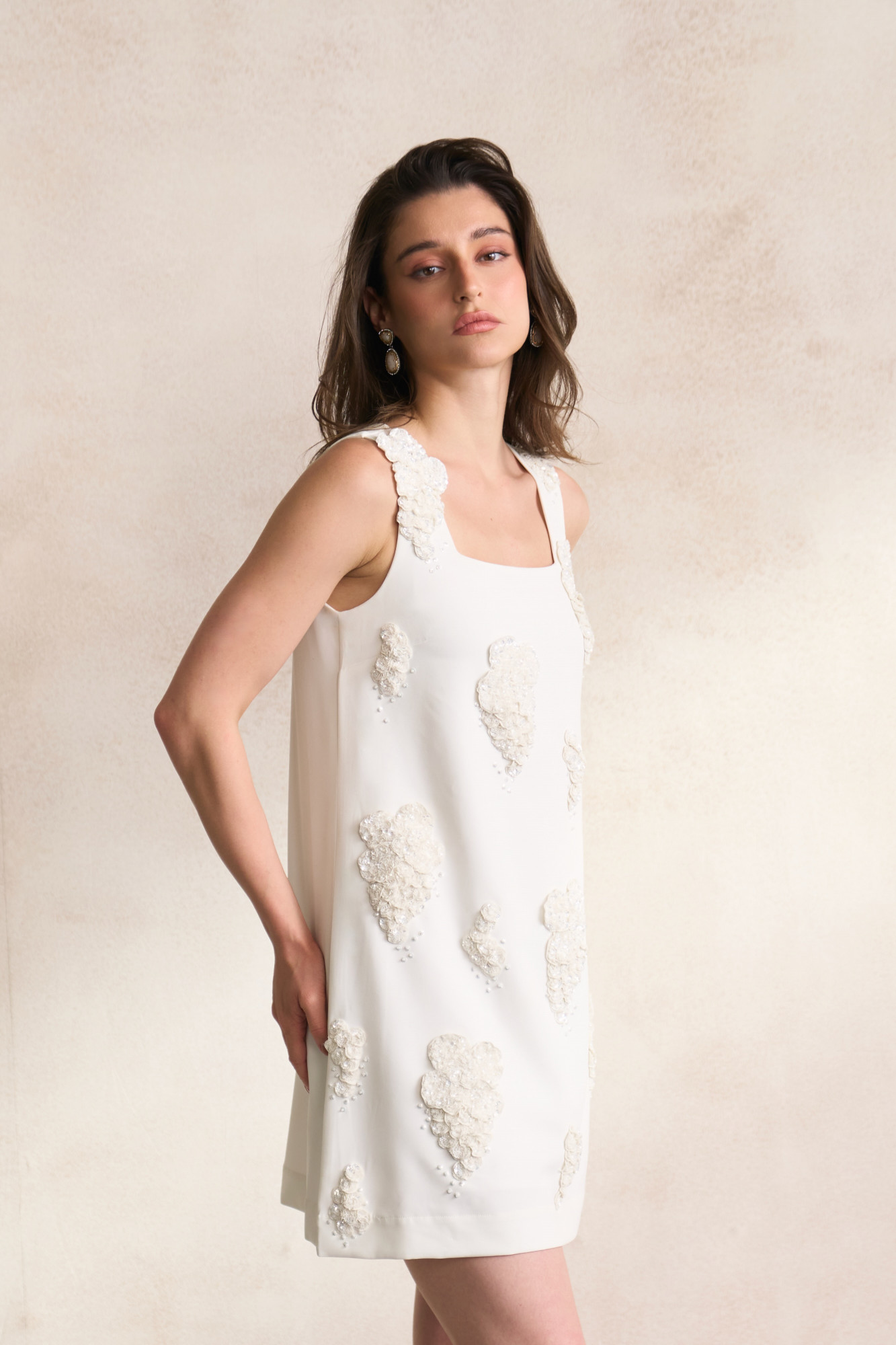 LEILA 03 WHITE COLOUR KNEE LENGTH SHIFT DRESS WITH WHITE SEQUIN 3D FLOWER EMBROIDERY