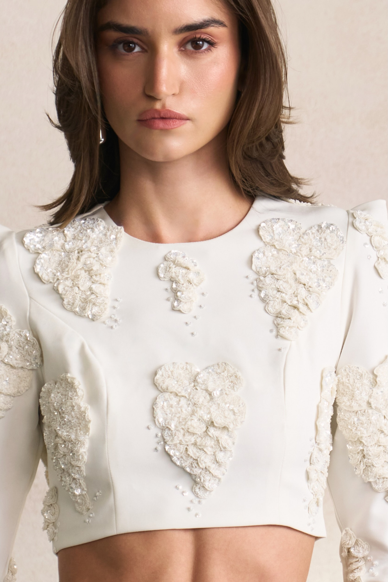 LEILA 03 WHITE COLOUR CROP TOP WITH WHITE SEQUIN 3D FLOWER EMBROIDERY
