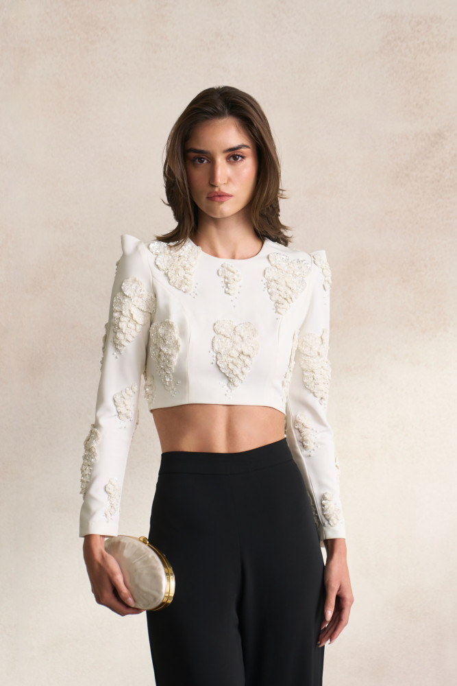 Image of LEILA 03 WHITE COLOUR CROP TOP WITH WHITE SEQUIN 3D FLOWER EMBROIDERY