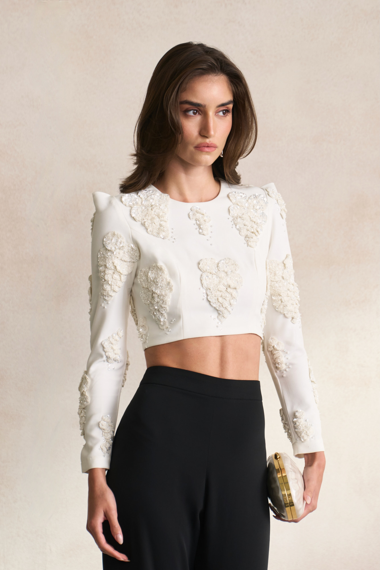 LEILA 03 WHITE COLOUR CROP TOP WITH WHITE SEQUIN 3D FLOWER EMBROIDERY