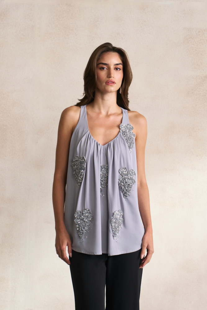 Image of LEILA 03 PASTEL GREY SLEEVELESS TOP WITH SILVER SEQUIN 3D FLOWER EMBROIDERY